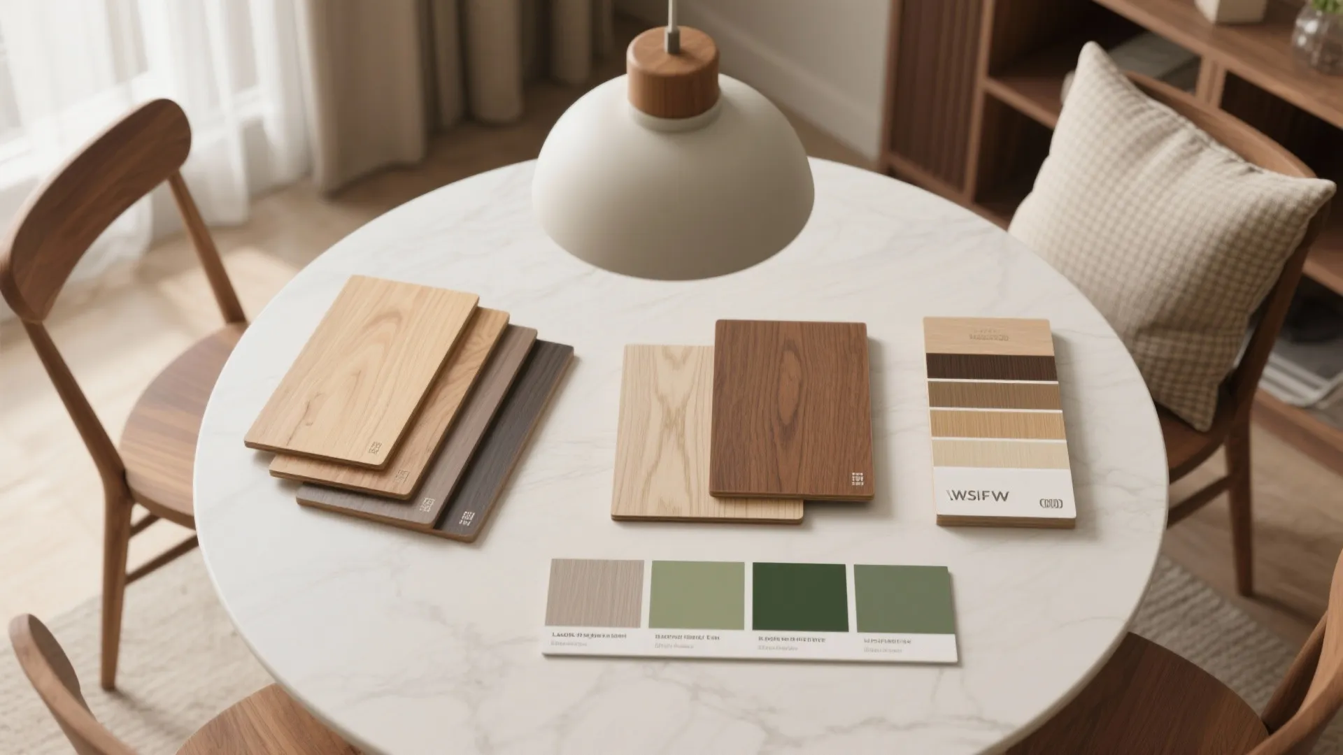 Wood samples and color cards on white marble table with ceiling light and wooden dining chairs