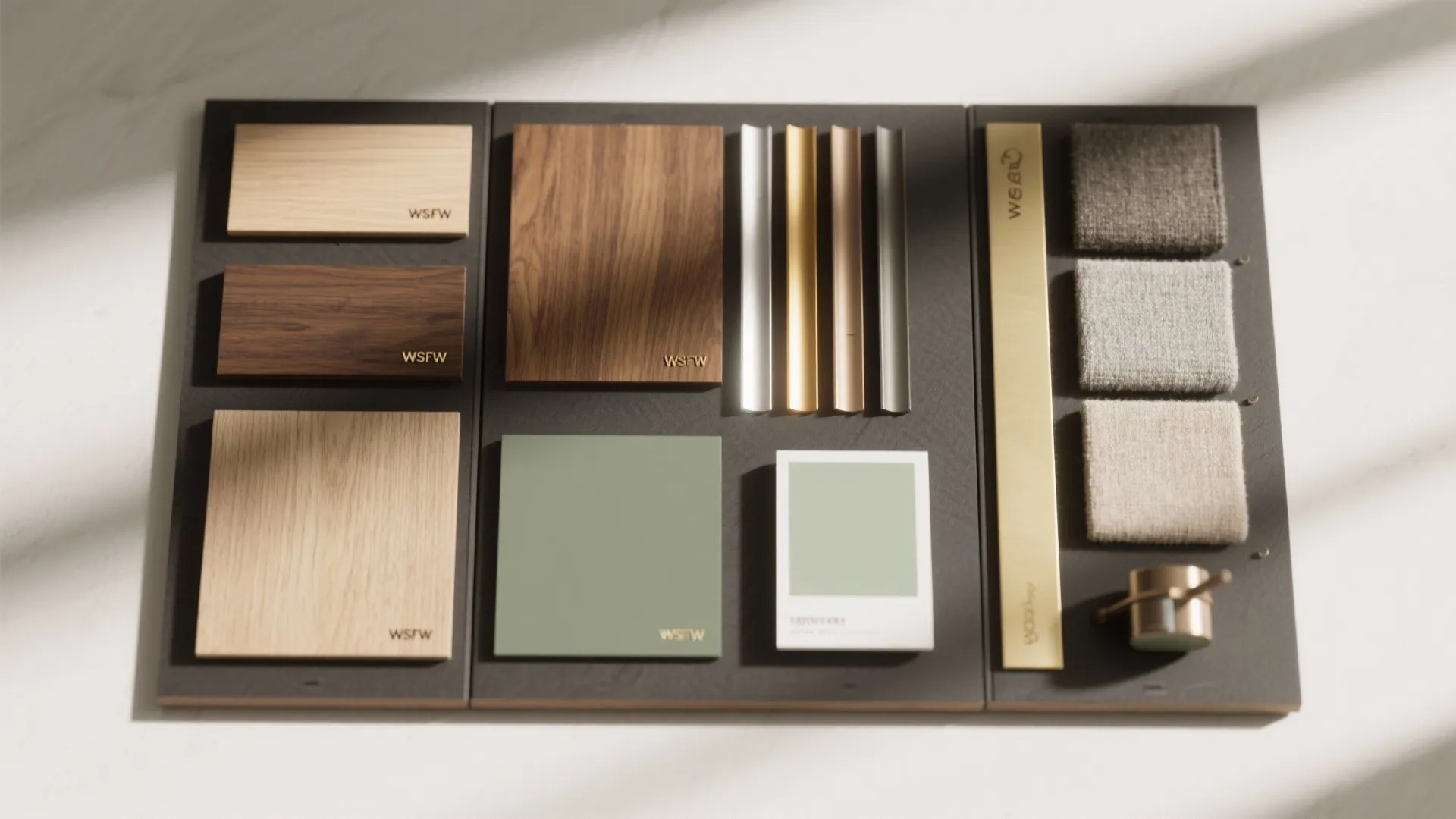 Interior design material board with wood samples green paint swatches grey fabric and metal handles