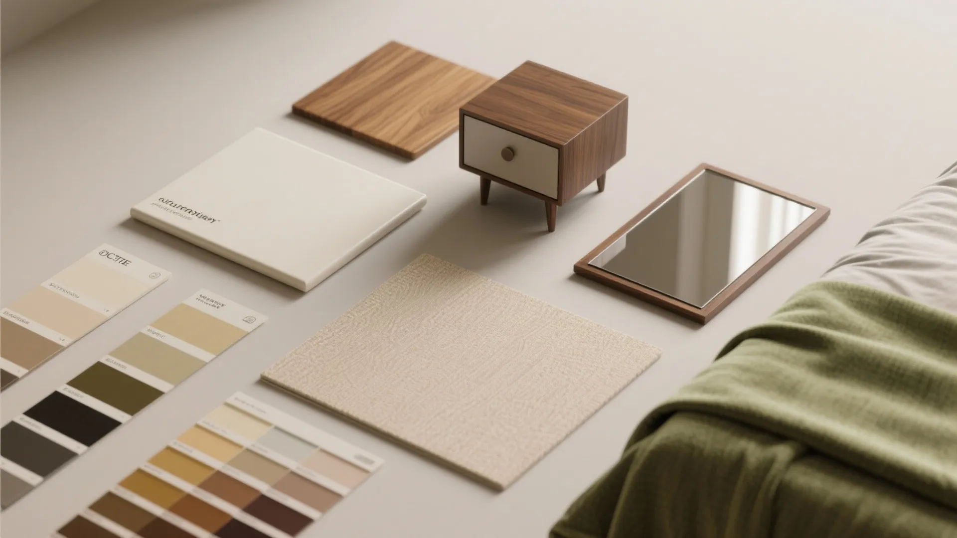 Material flatlay with warm off-white paint, satin finish, wood veneer, mirror and textiles for a basement bedroom.