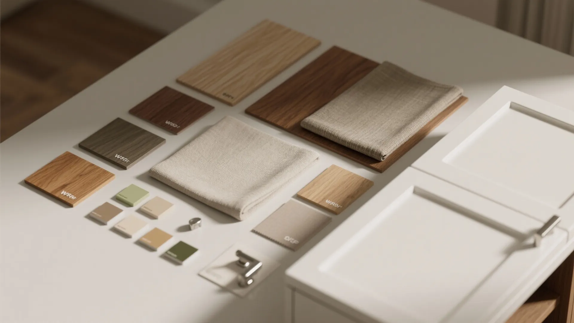 Interior design material board with wood samples fabric swatches color tiles and white cabinet door