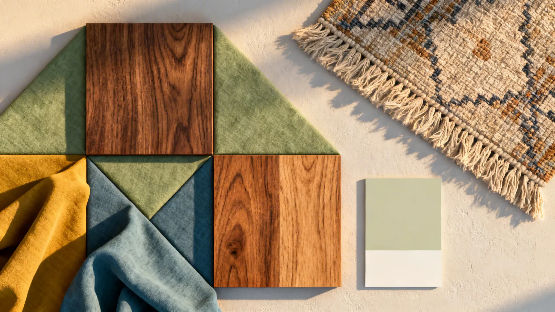 Flatlay of warm wood swatches and muted fabric samples for a mid-century palette