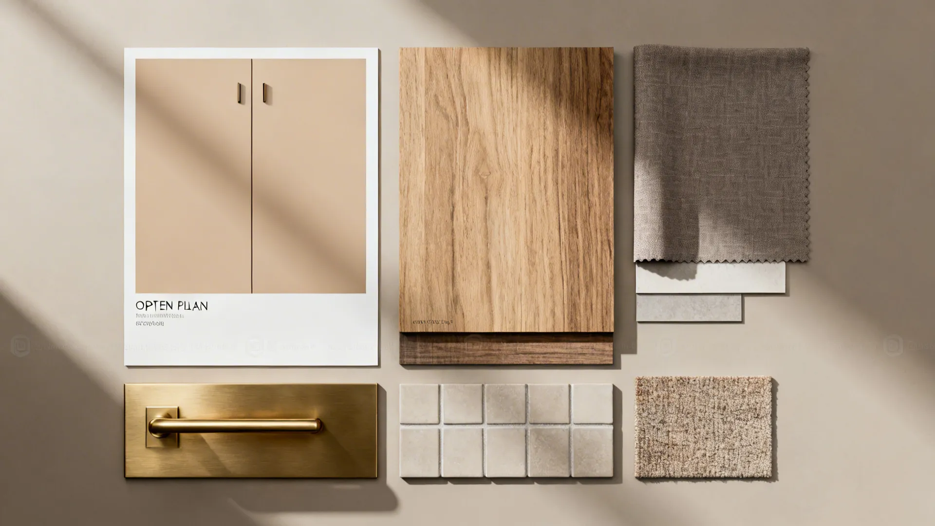 Flatlay of cohesive cabinet, wood, metal, fabric and rug samples for an open-plan palette.