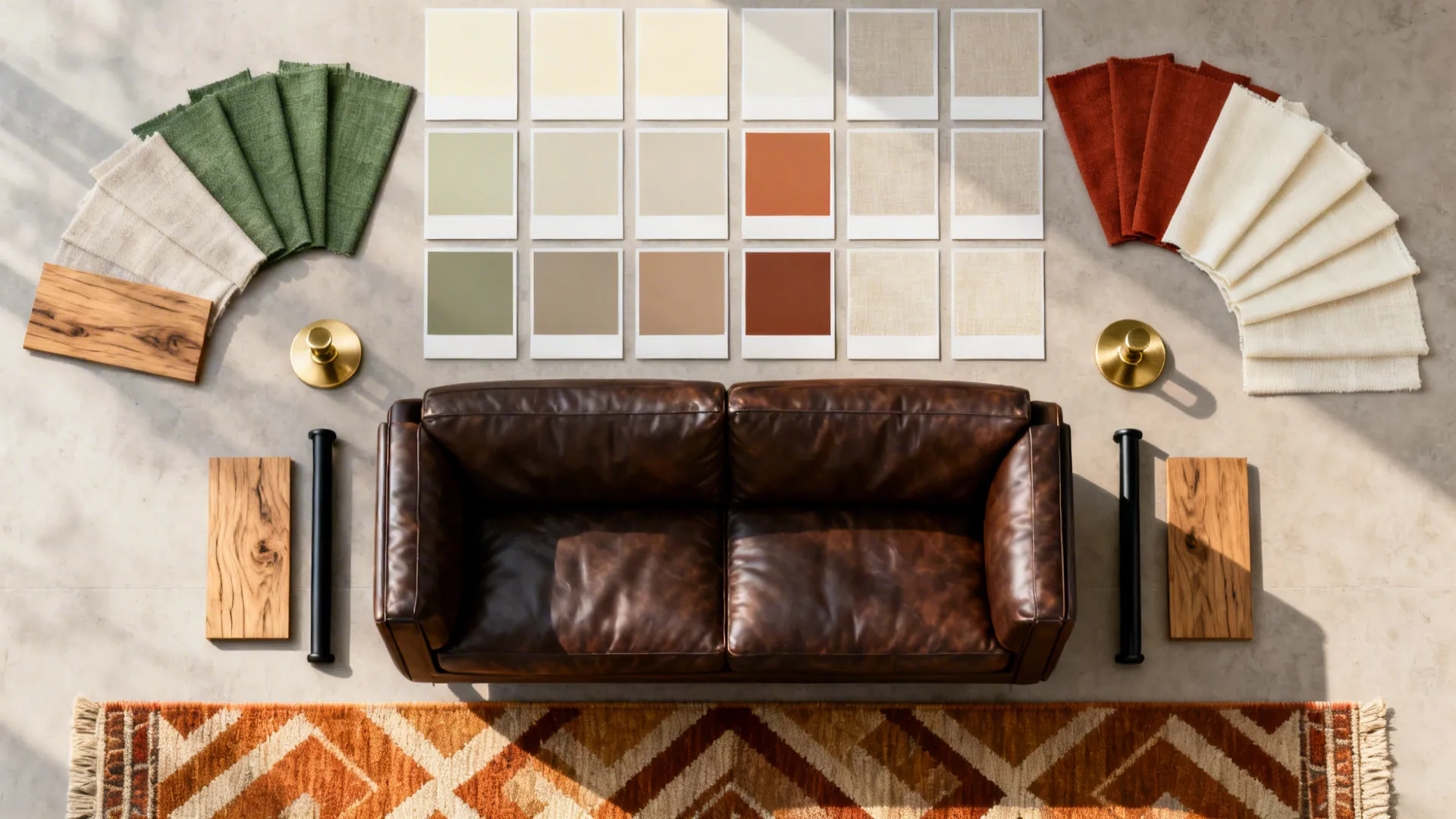 Flatlay of paint swatches, fabric chips and metal samples for styling a dark brown leather sofa