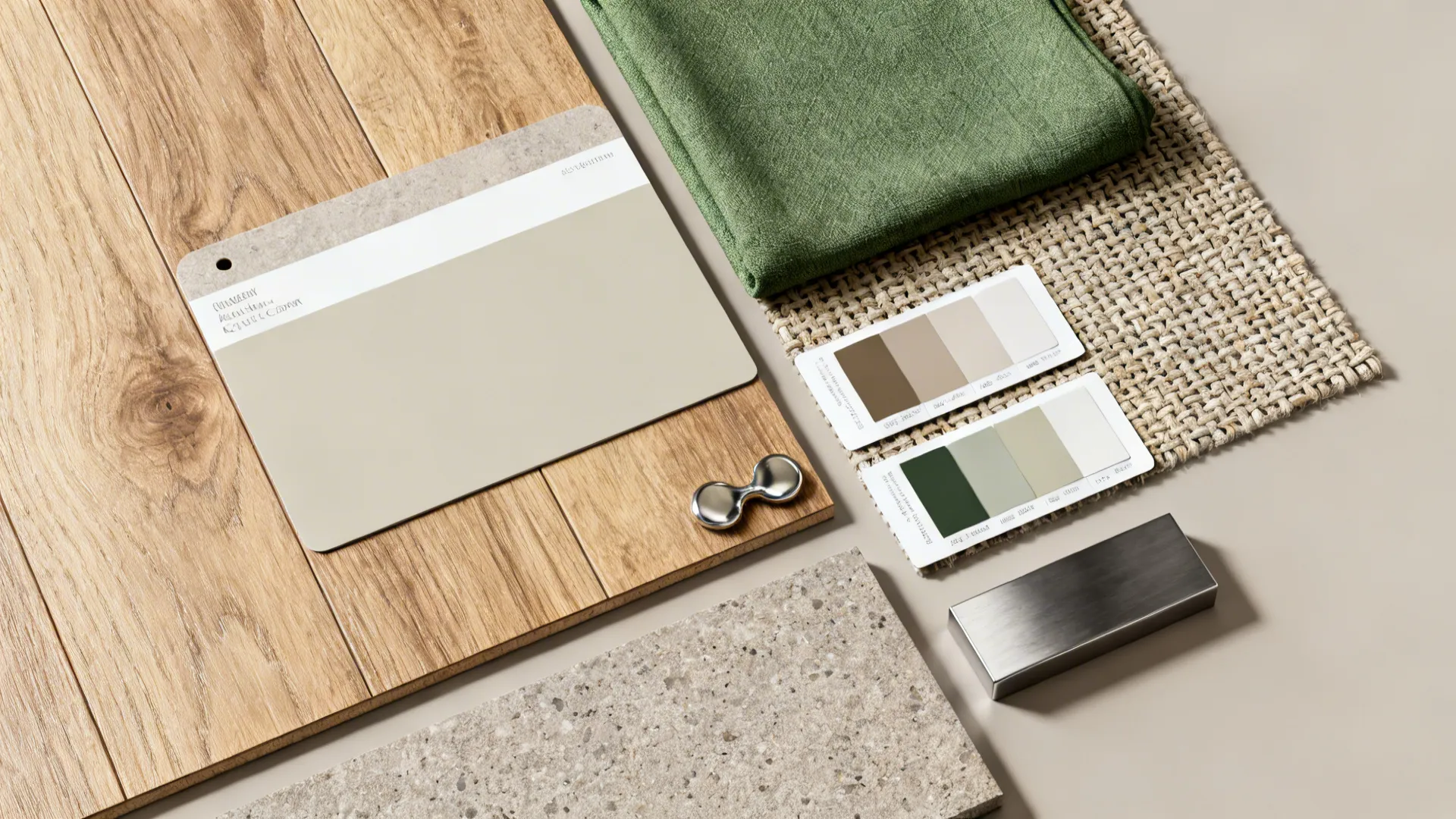 Material flatlay showing cohesive wood, neutral and green fabric samples for an open-plan space