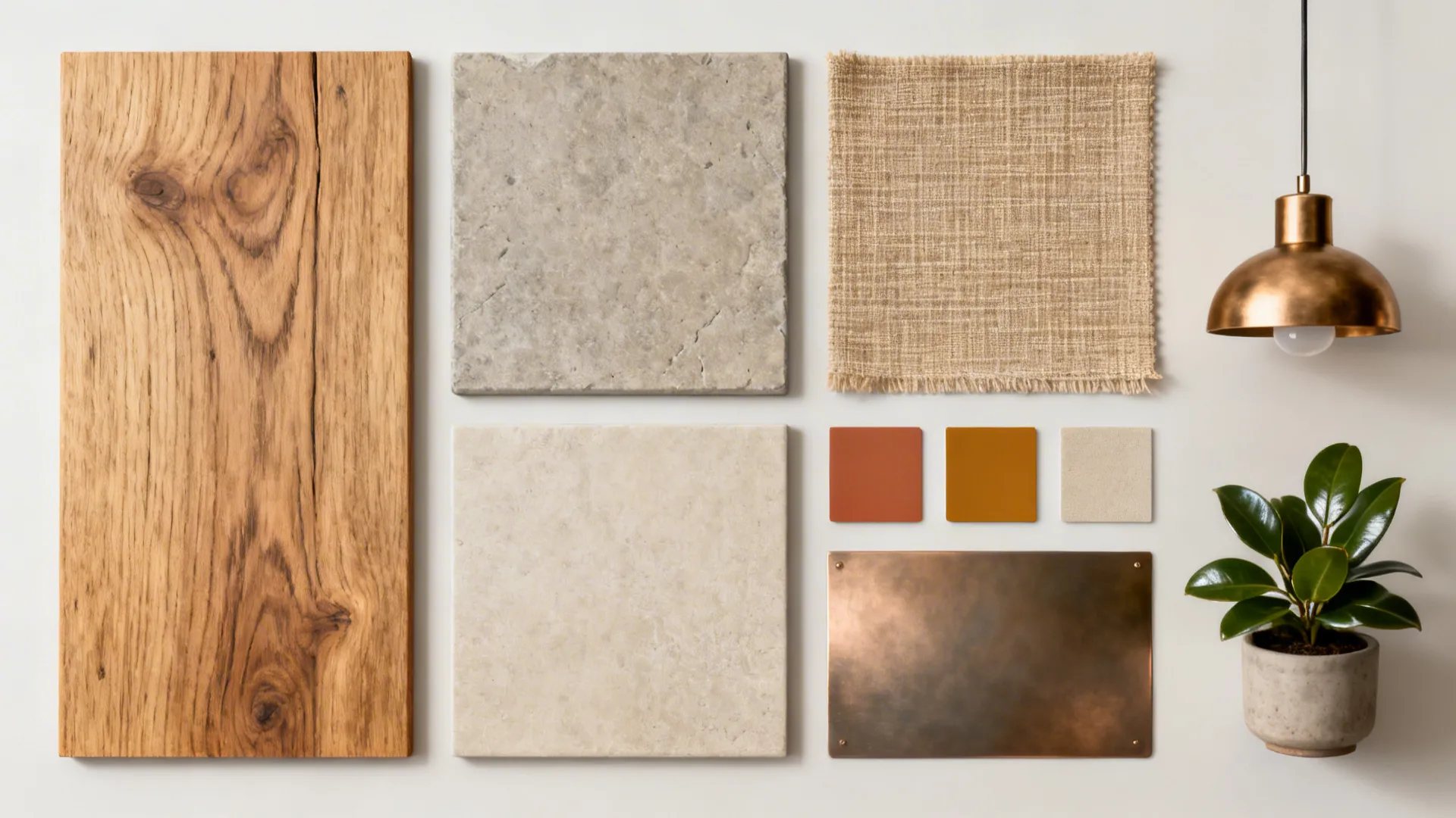 Material flatlay showing wood, stone, fabric and finish samples for a cohesive open-plan palette.