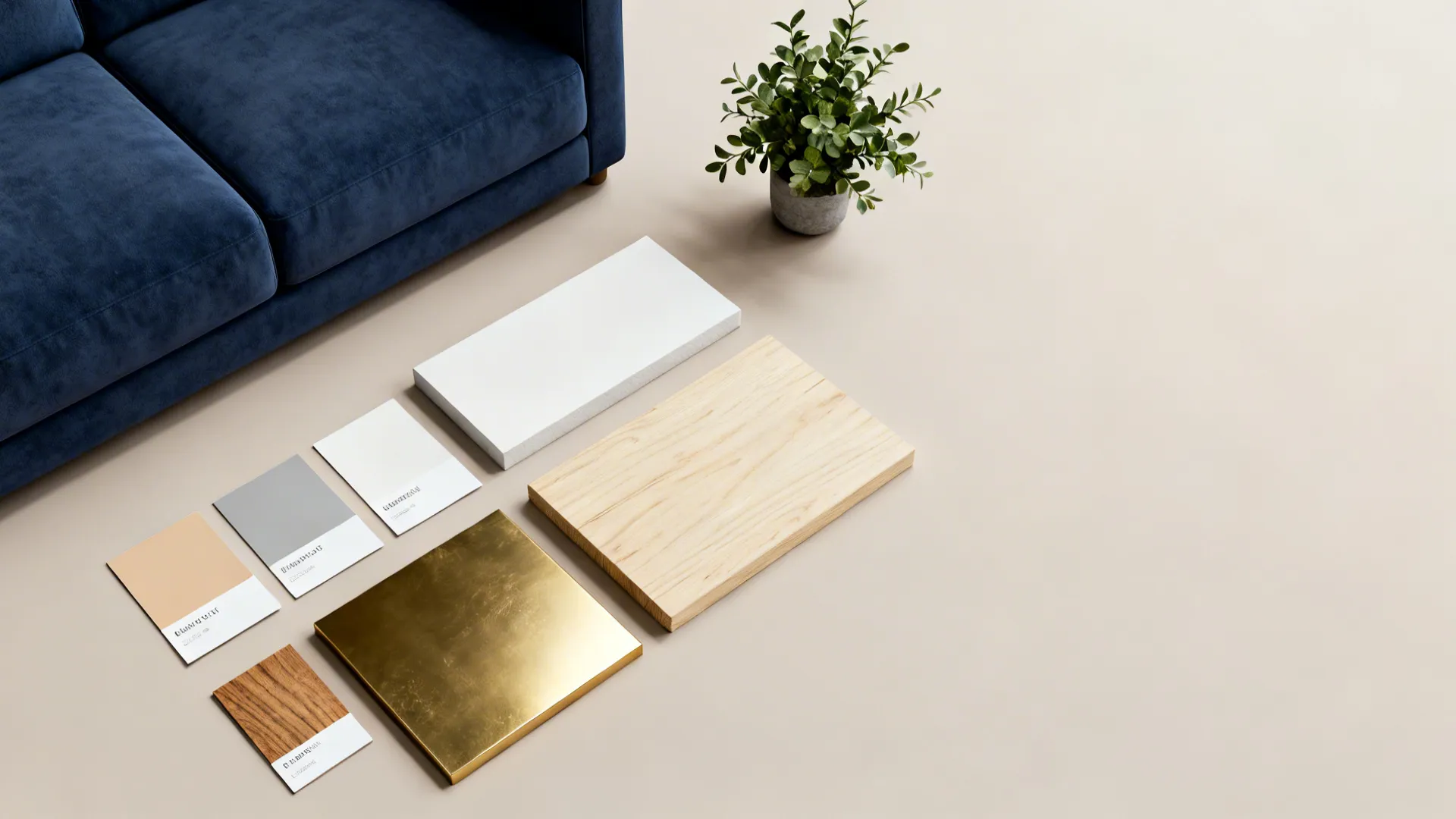 Flatlay of paint chips, wood and brass samples and a plant for styling a navy sofa