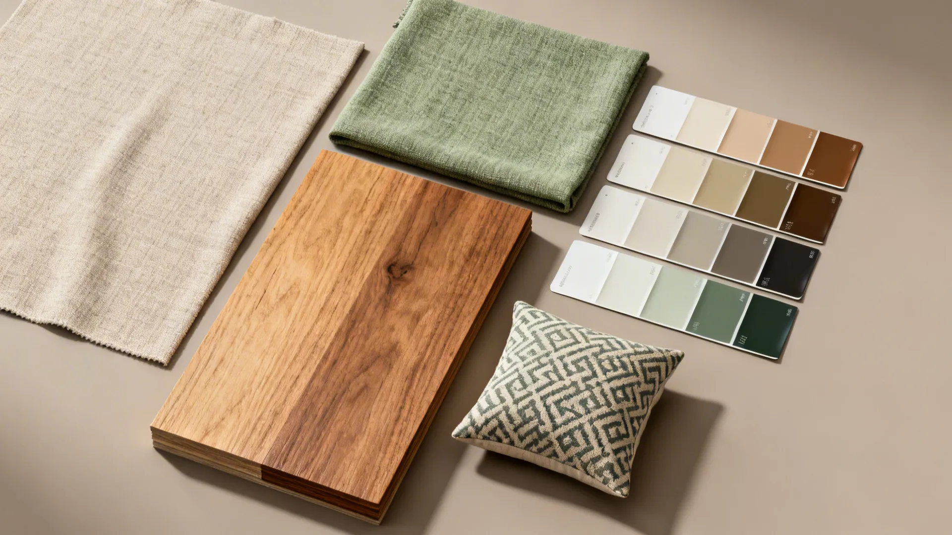 Flatlay of warm wood samples, neutral fabrics and a muted green accent for a cohesive small-room palette