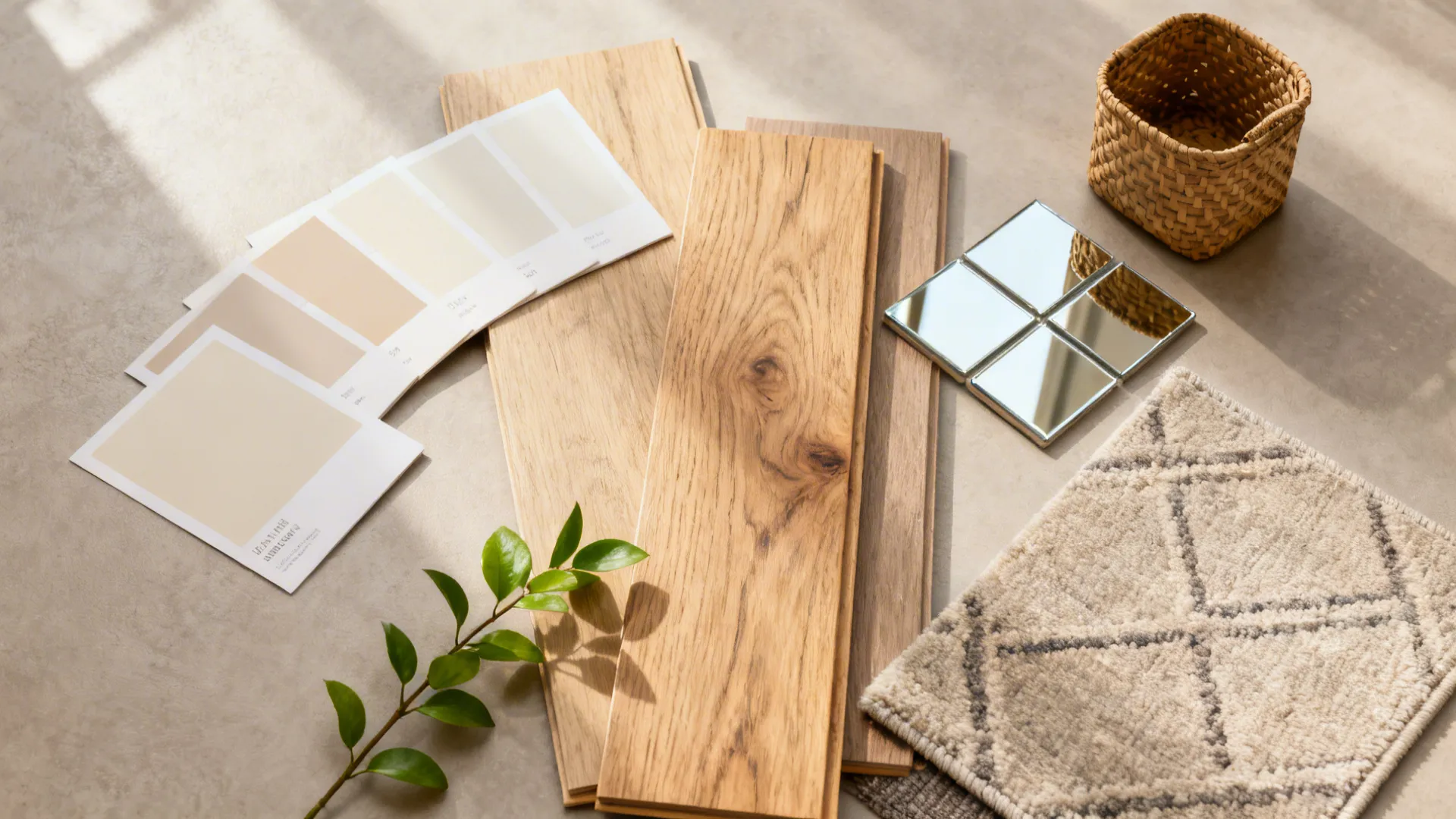 Material flatlay with paint swatches, wood planks, rug sample and mirror tile for small room design