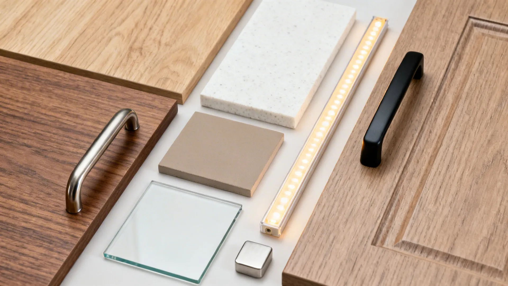 Flat lay of wood-look laminates, off-white quartz, hardware, and glass backsplash samples.