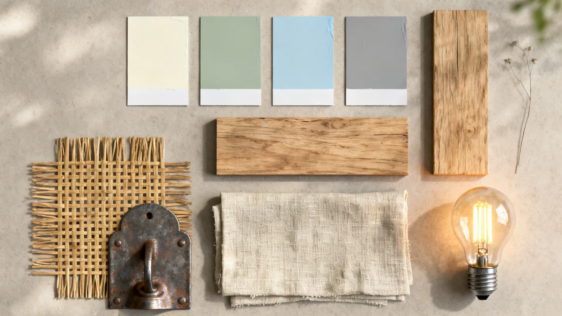 Flatlay of paint chips, wood, rattan and linen samples for a cottage palette
