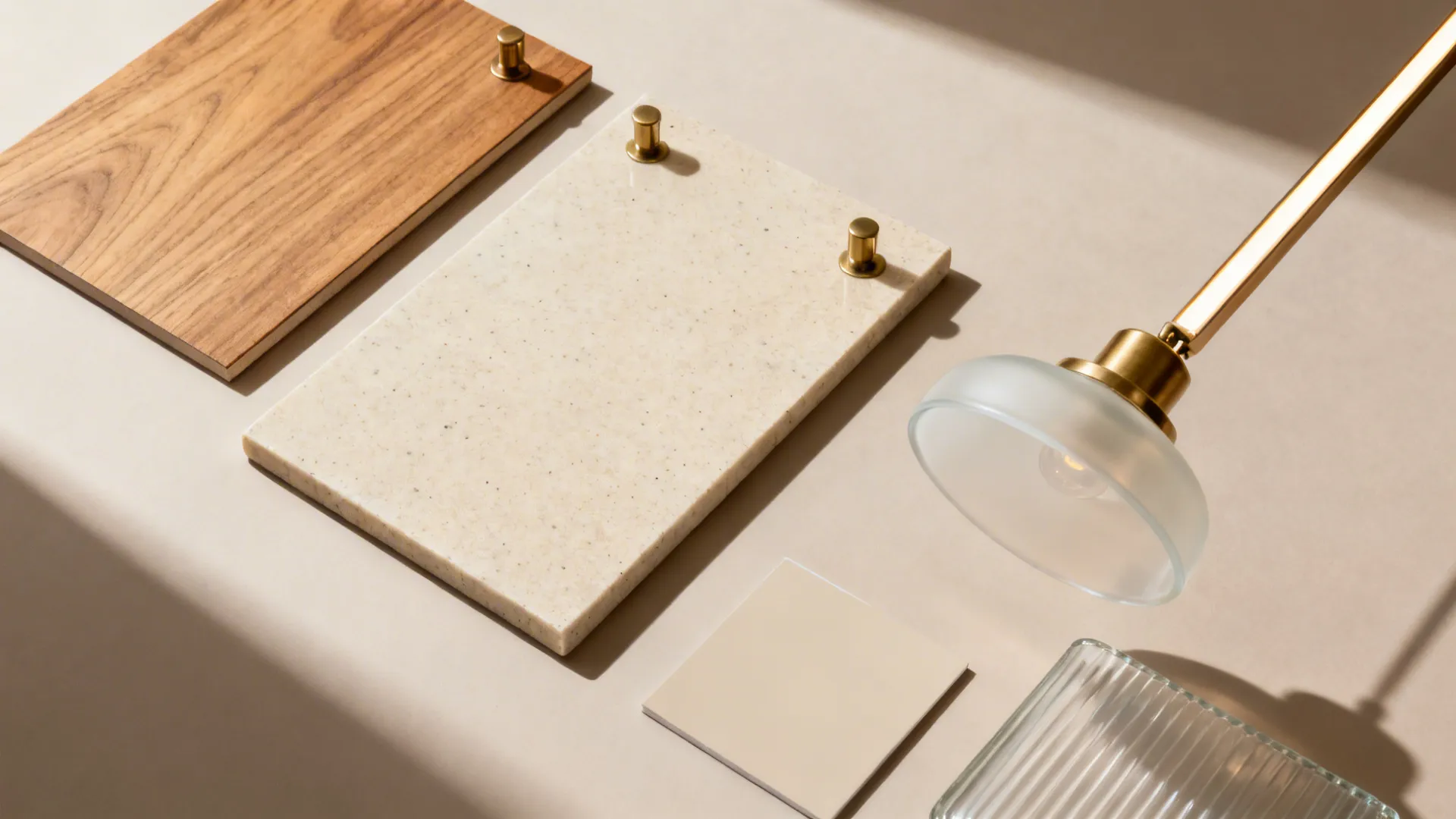 Material palette: warm woods, easy-clean quartz, and layered dining lighting