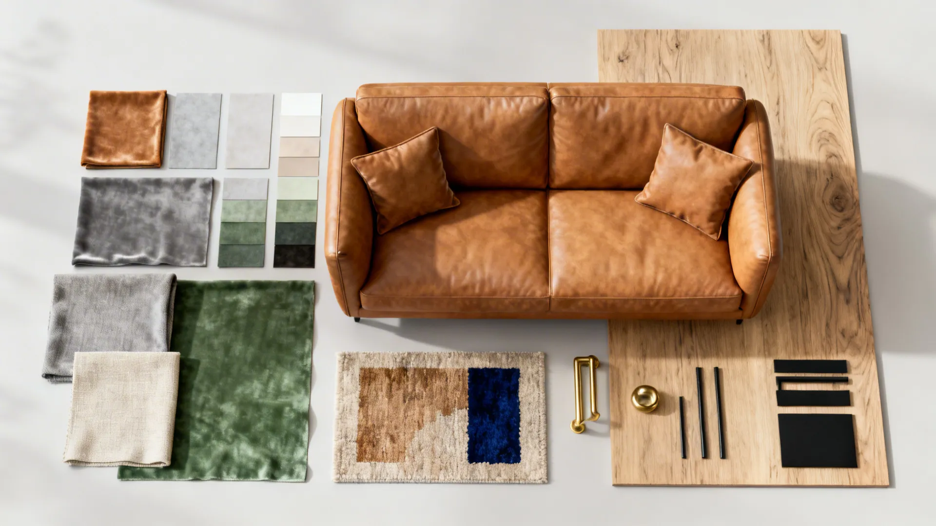 Interior design materials palette featuring brown leather sofa, fabric swatches, wood panels, and metal hardware