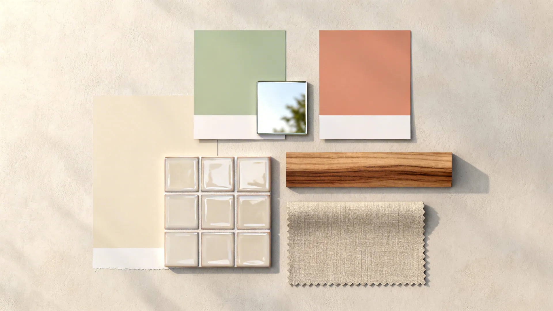 Material flatlay of light neutral paint swatches, accent colors, mirror tile, and wood sample for small-space design.