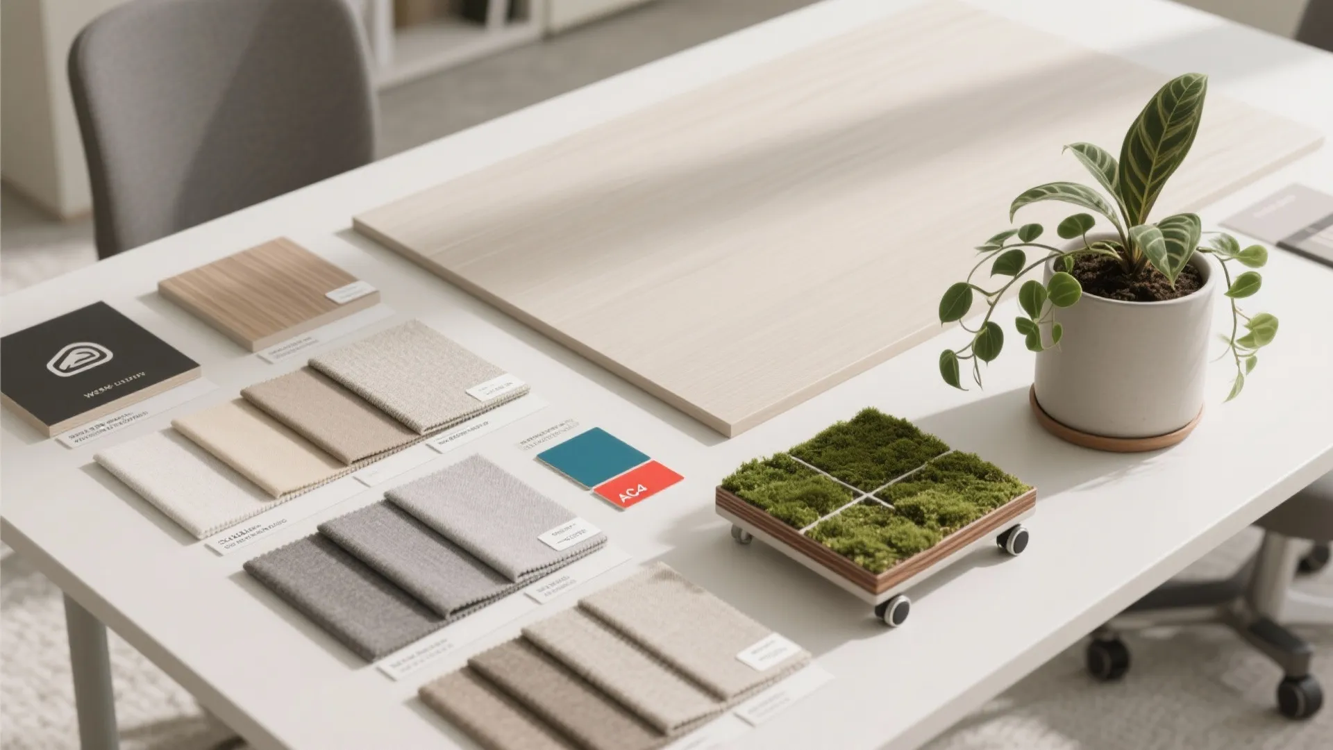 Material palette: calm neutrals, durable finishes, biophilic hits