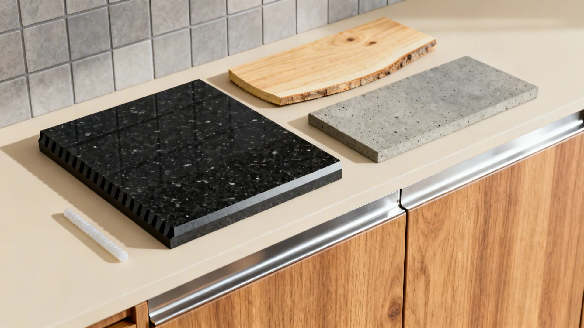 Flat lay of granite, plywood, concrete, grey tile, and silicone bead for Indian kitchen details.