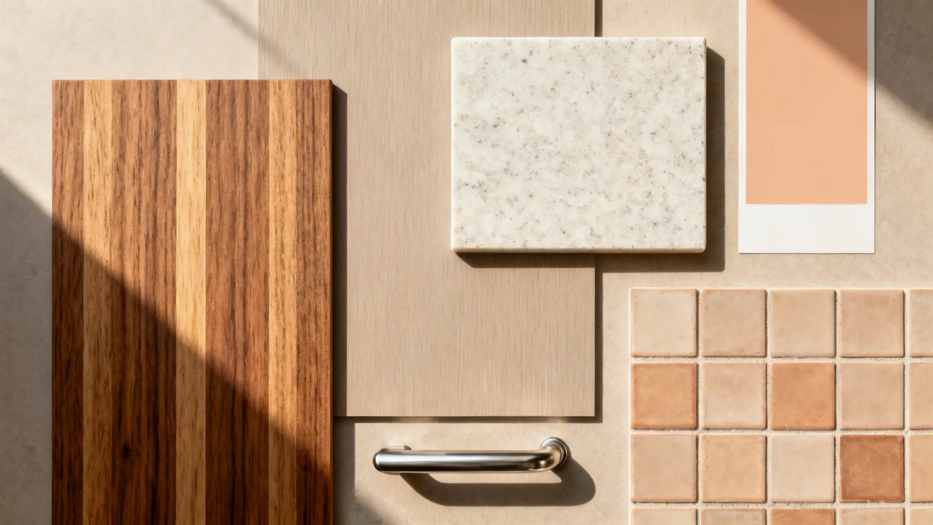 Flat lay of warm wood, matte neutral laminate, light quartz, and earthy tile samples