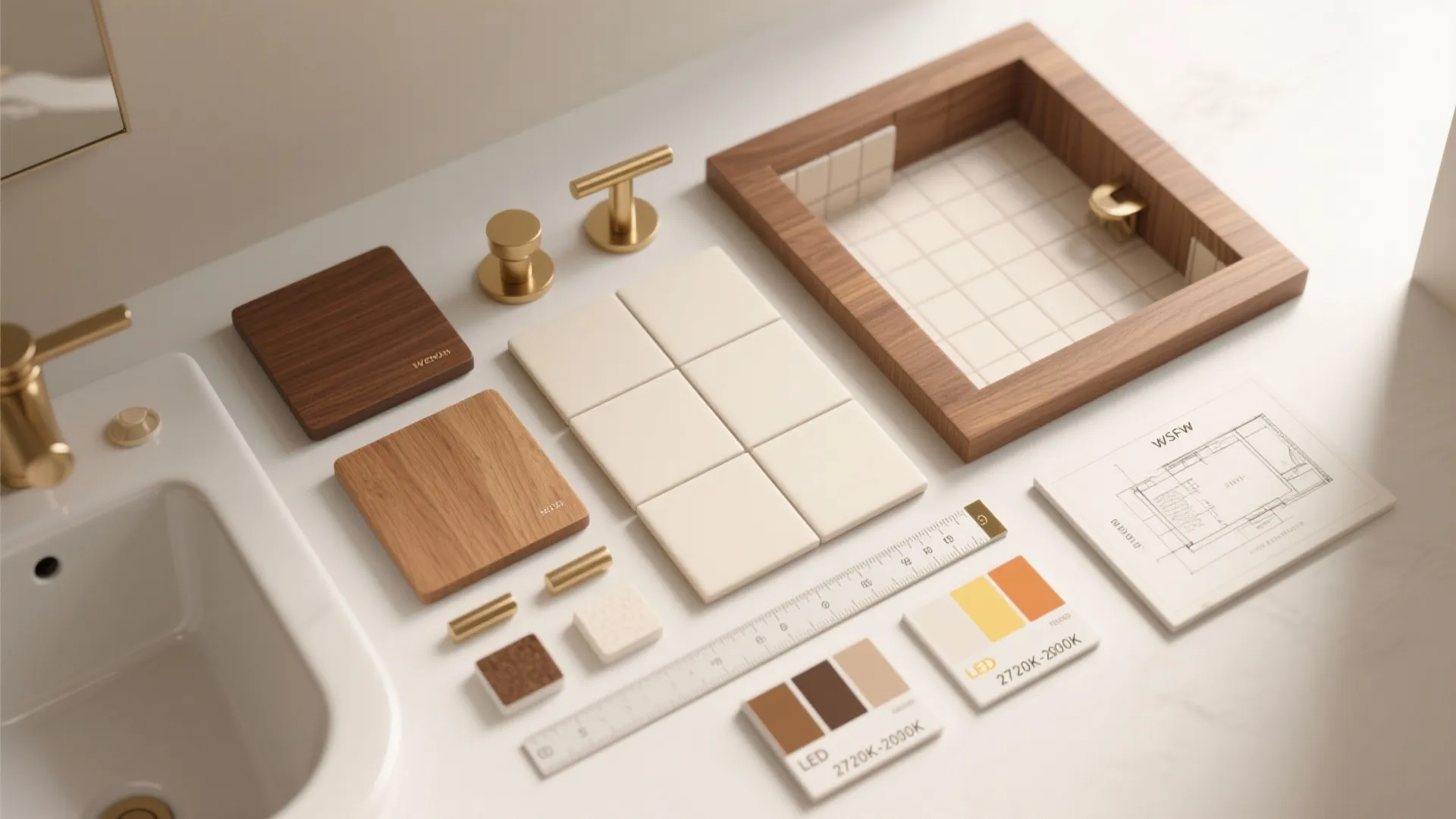 Flatlay of brown and cream material palette with tile samples, wood swatches, brass hardware, grout chips and LED color swatches.