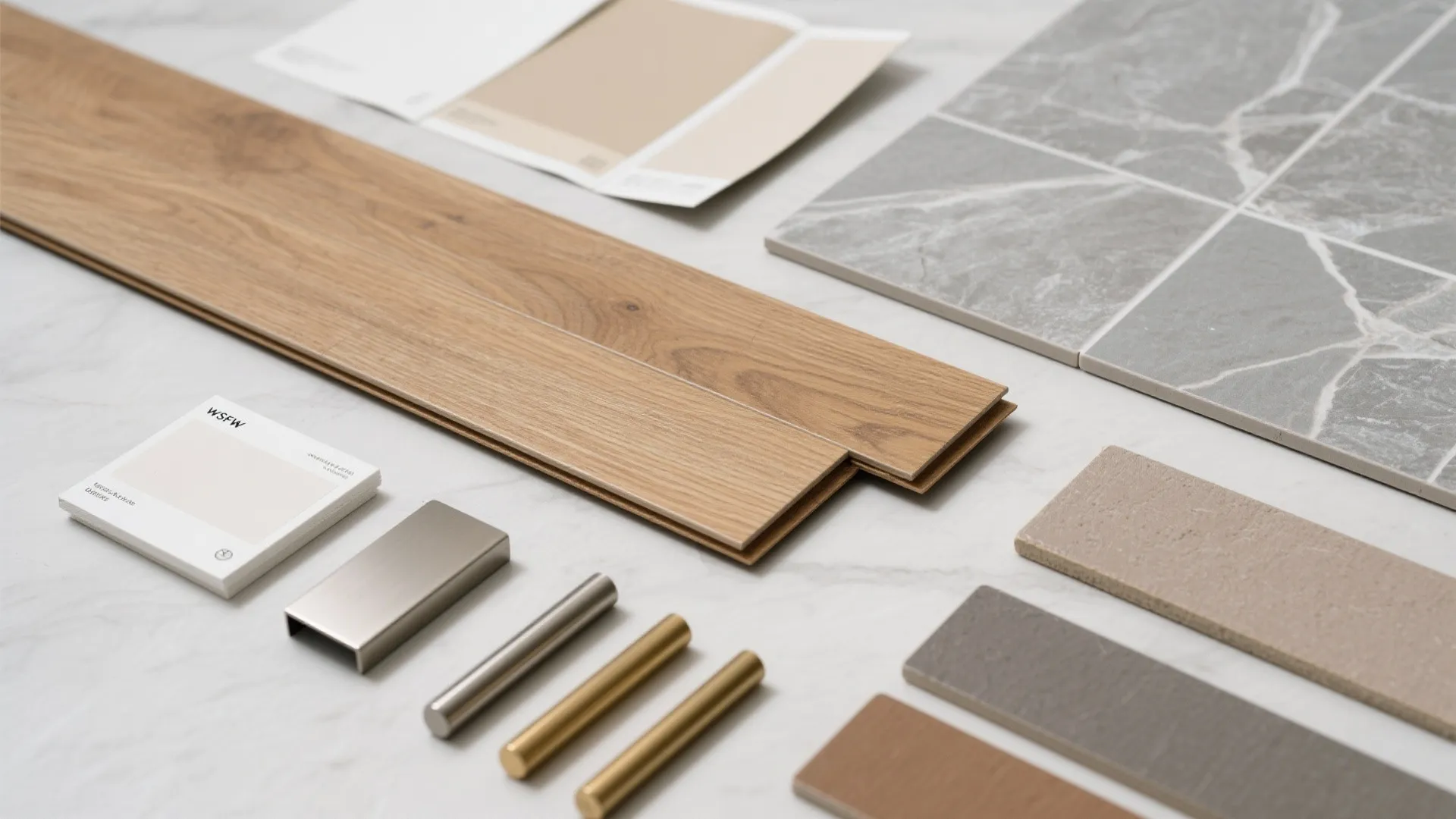 Flat-lay of wood-look plank, stone-look tile, paint swatches, and metal finishes.
