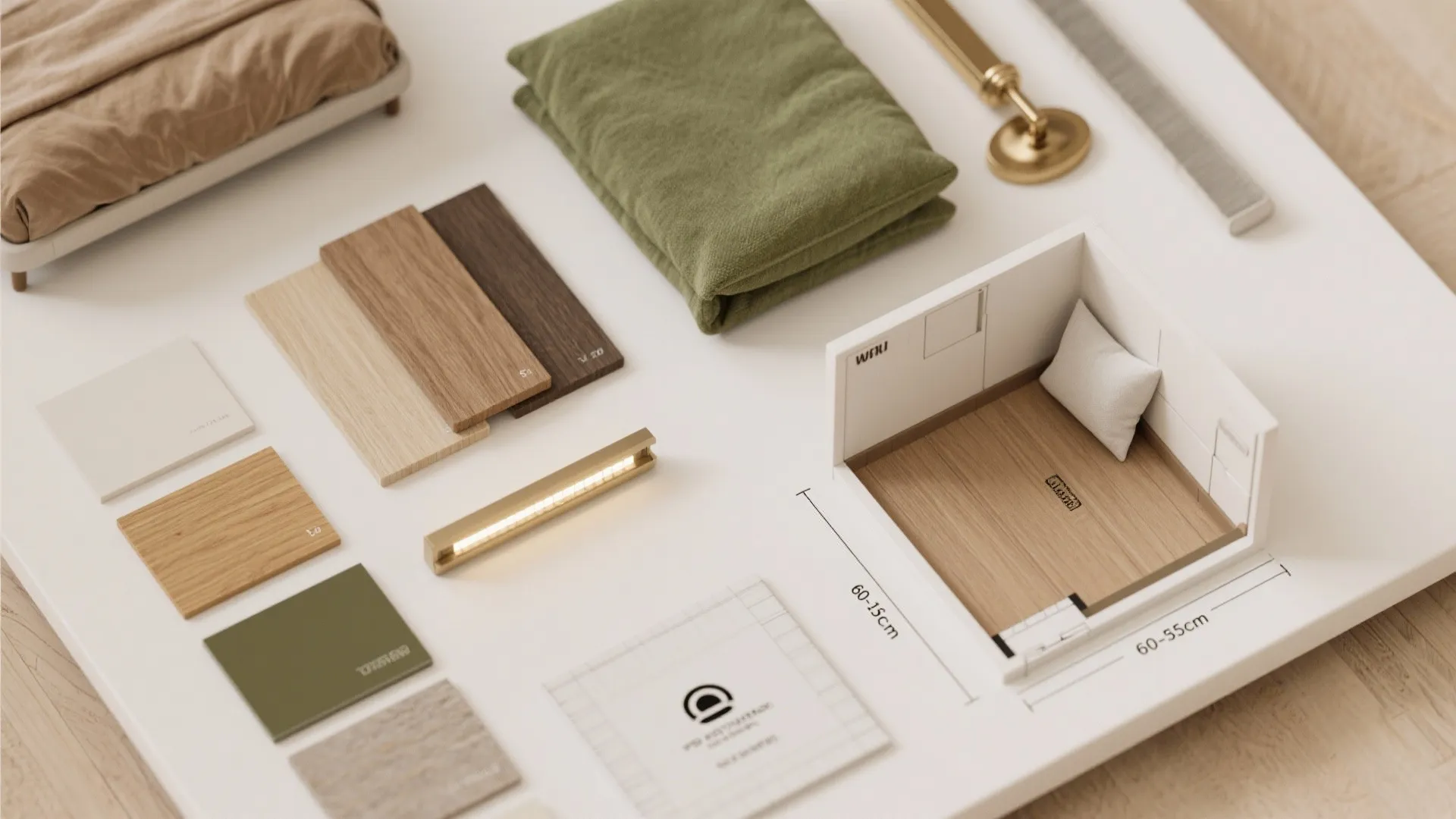 Interior design materials flat lay featuring wood floor samples green fabric and small 3D room