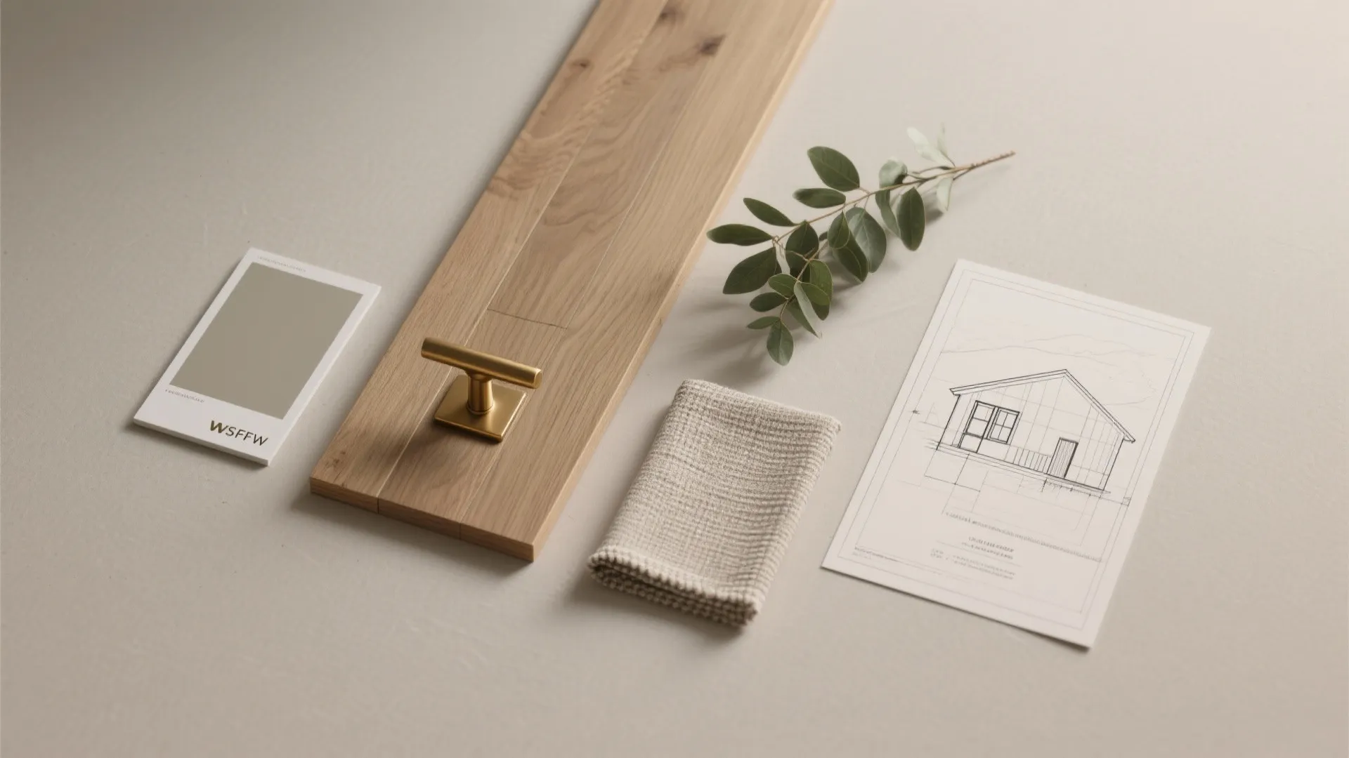 Flatlay of material samples and color palette for a cohesive one-story home design.