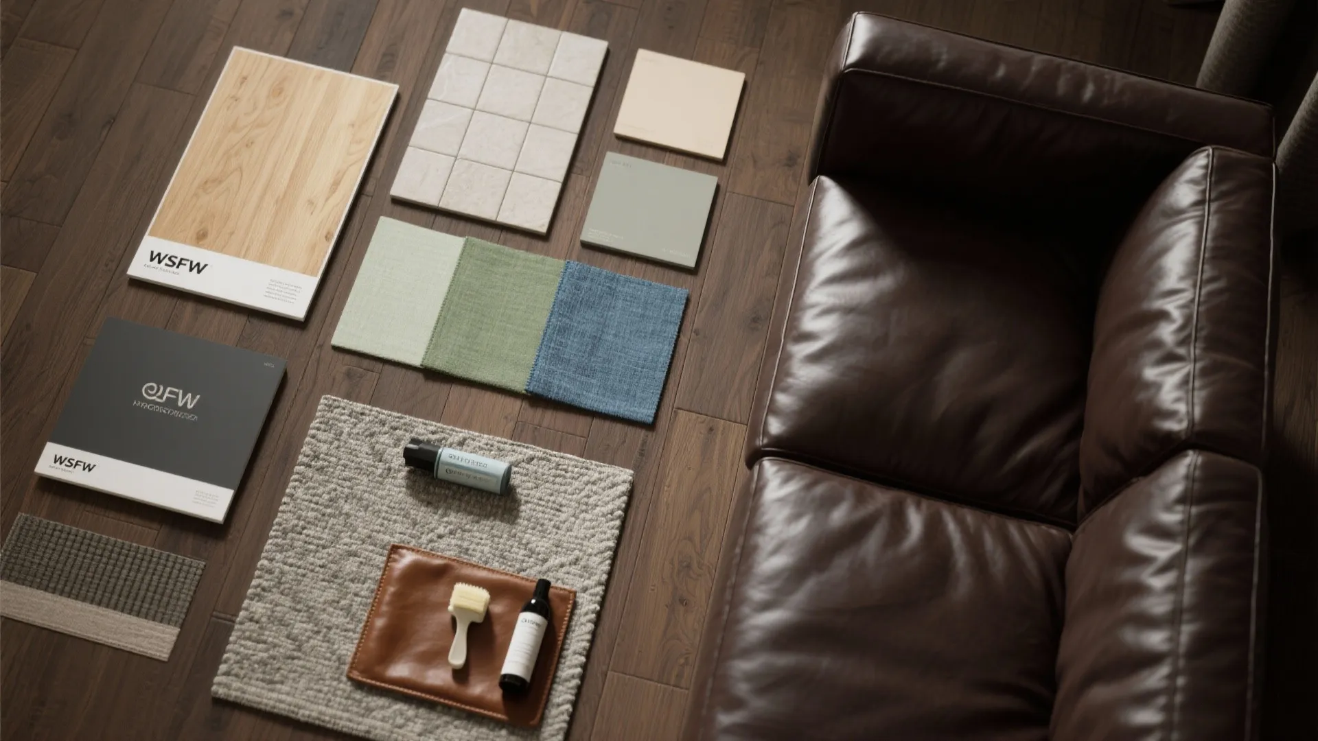 Flatlay of wood, paint, fabric swatches and rug samples for styling with a dark brown leather couch