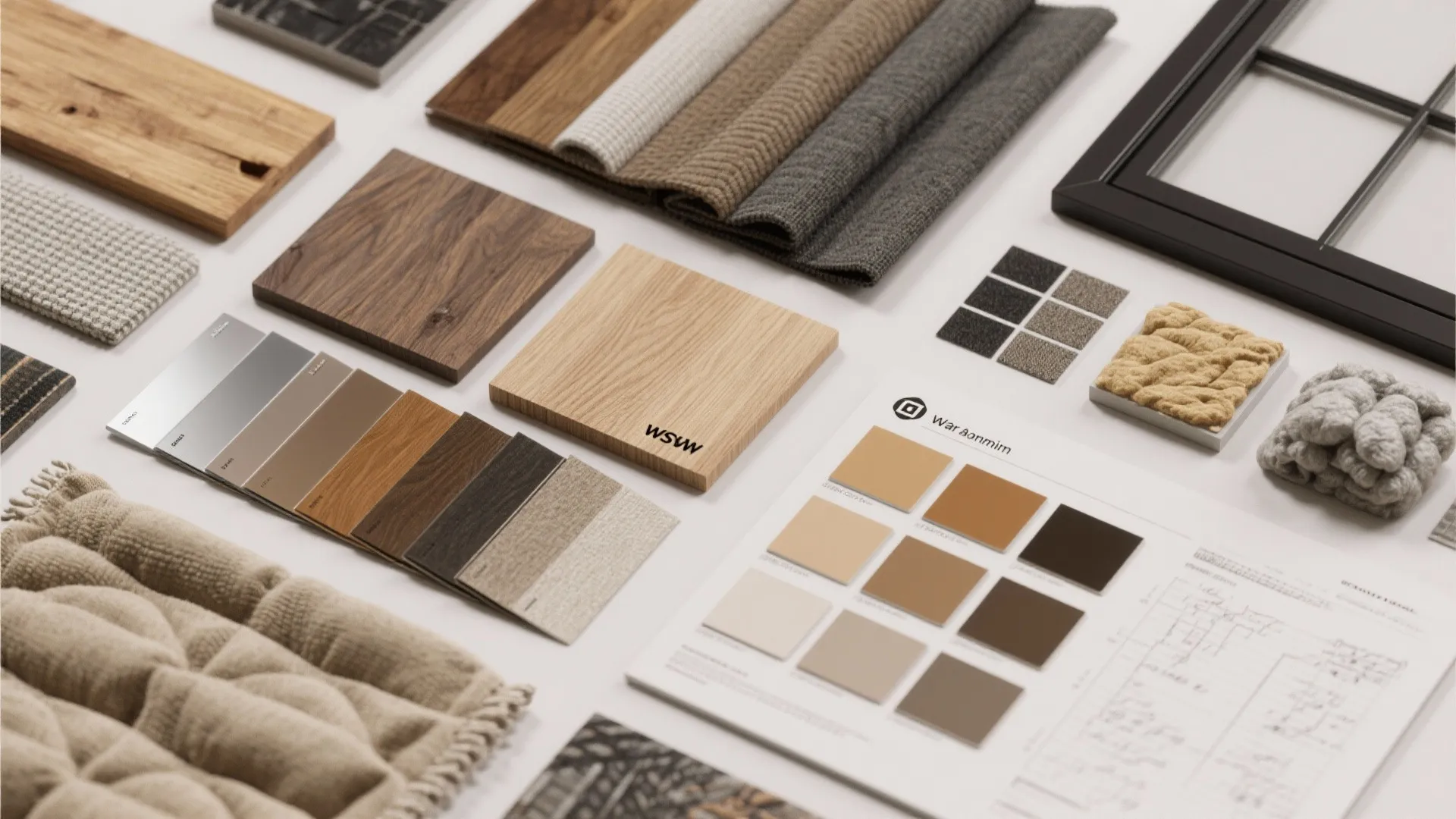 Flatlay of material and color palette samples for a barndominium interior