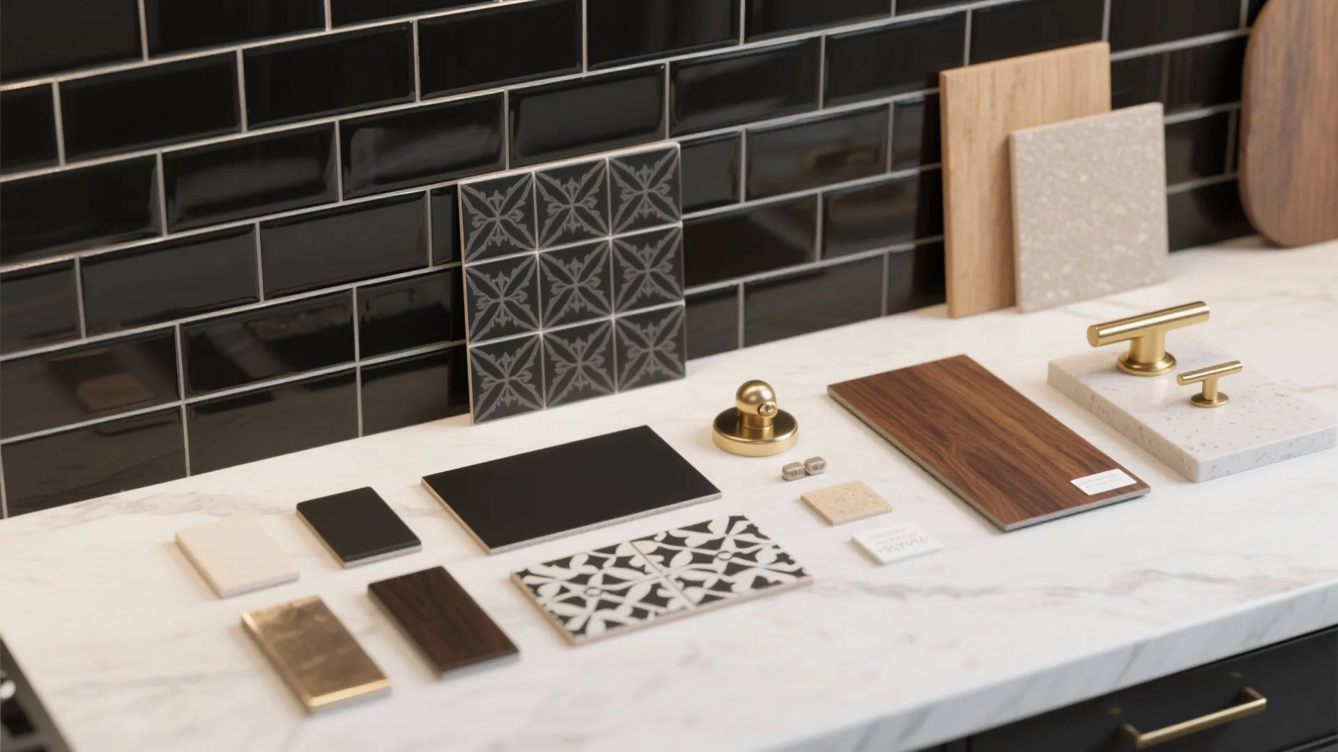 Interior design material samples including wood stone and gold handles displayed on a white marble surface