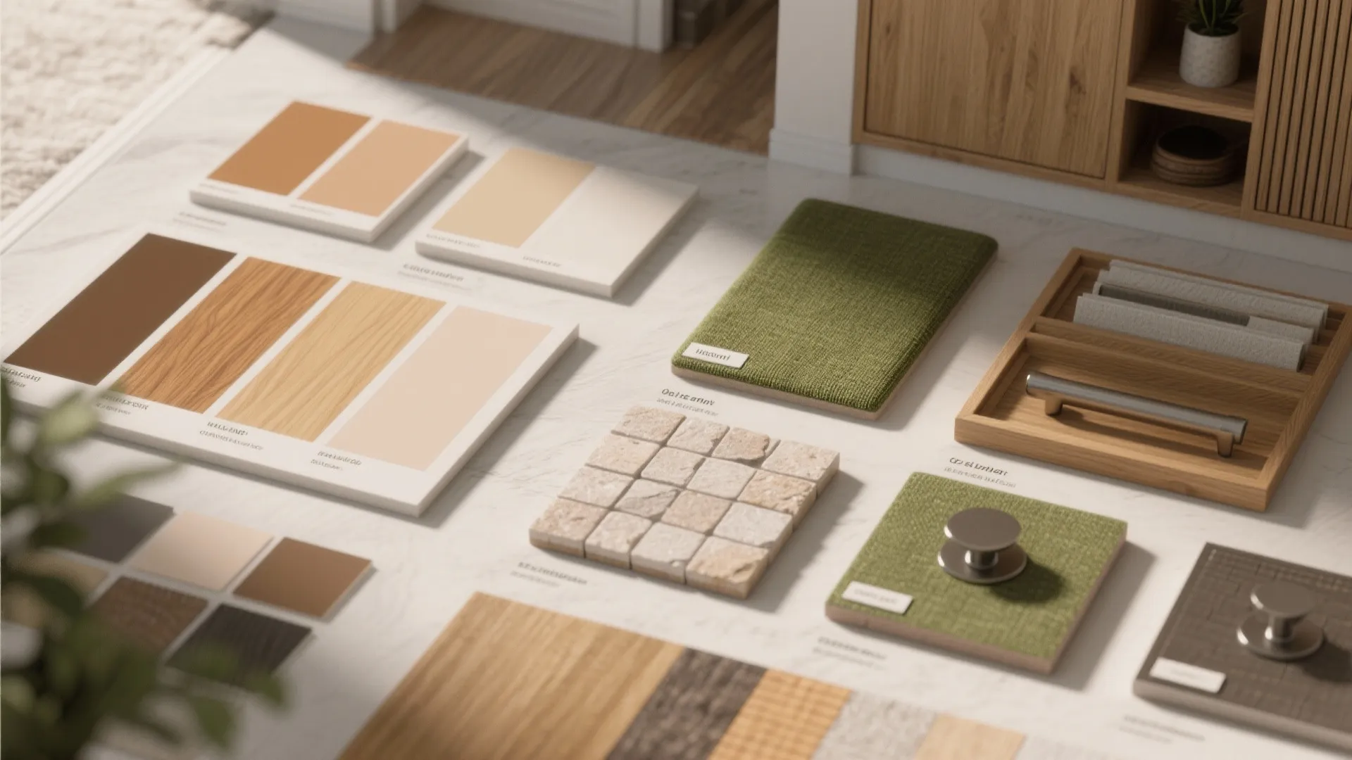 Flatlay of material and color samples—wood, tile, paint swatches and fabrics—for a compact single-story home.