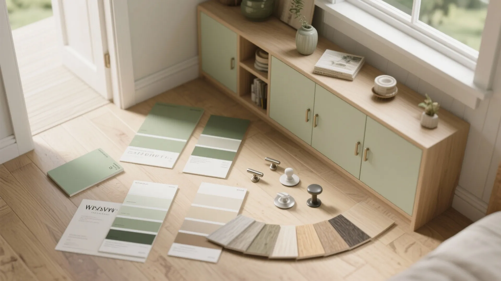 Material and color palette flatlay showing light finishes, flooring samples and built-in hardware for small homes.