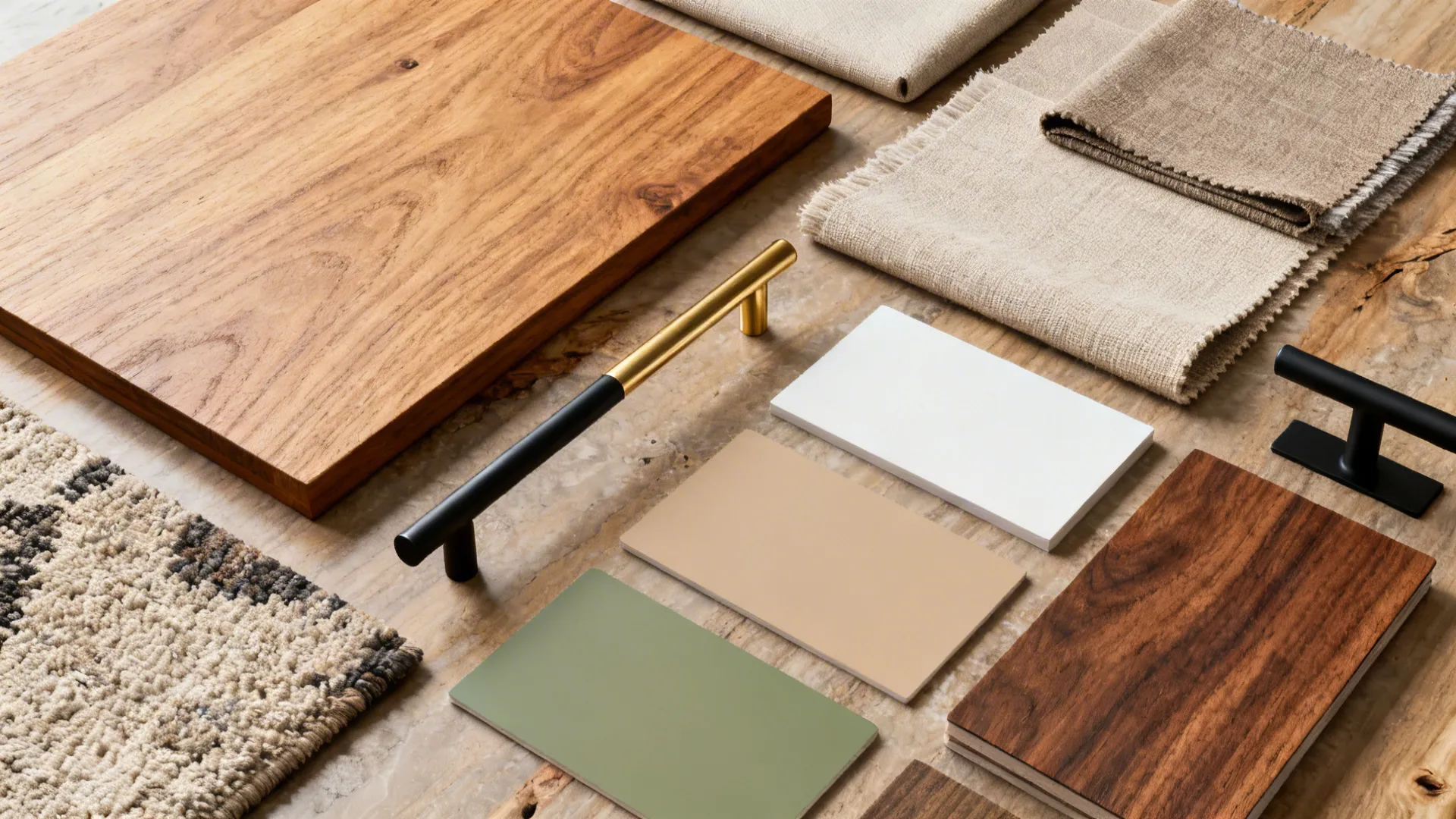 Material and color palette flatlay with wood, metal, fabric, and paint samples