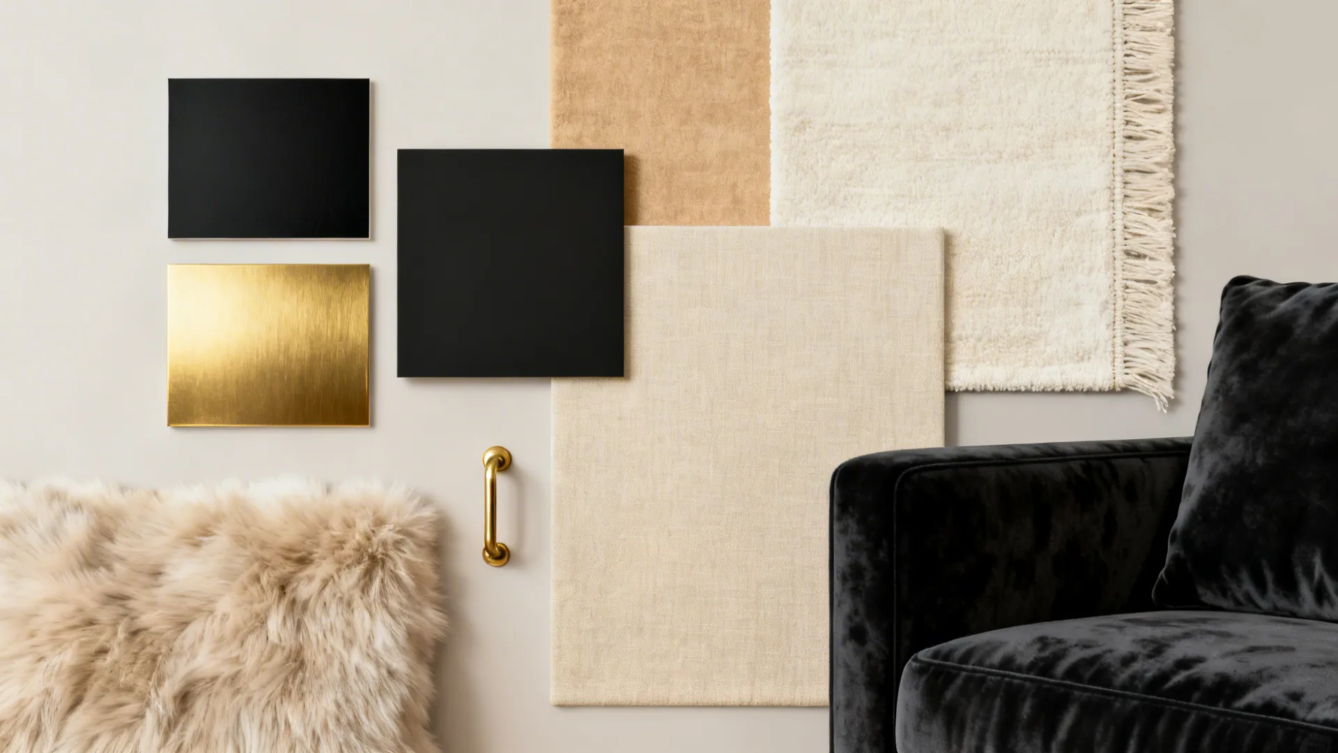 Flatlay of material samples: matte black, polished and brushed gold chips, warm neutrals, velvet and rug samples.