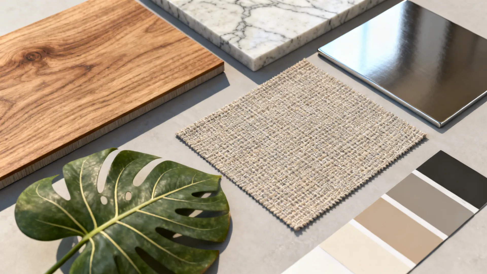 Flatlay of material samples and color swatches for a cohesive open-plan palette.