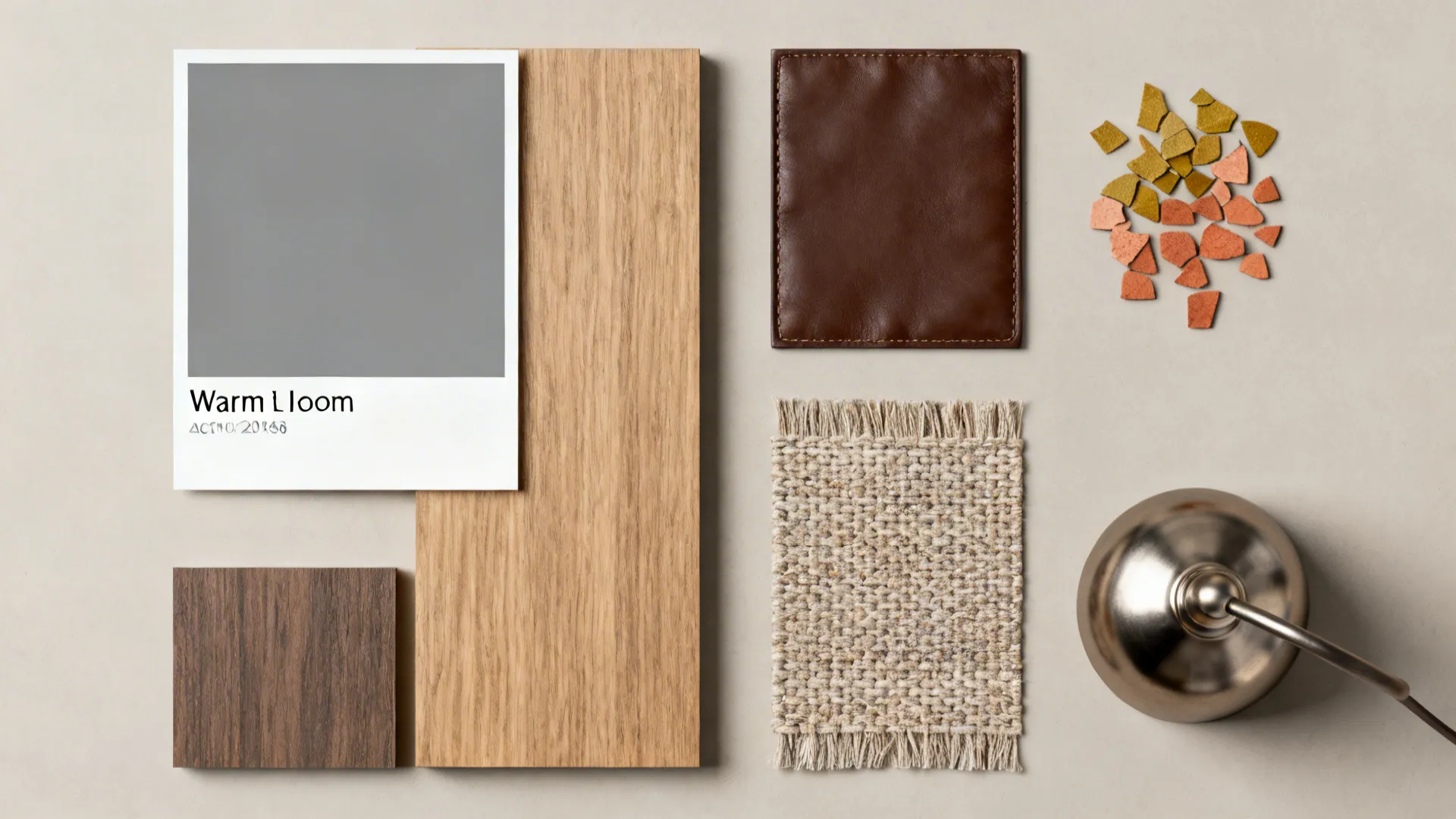 Interior design material palette with wood planks leather fabric sample gray color swatch and lamp