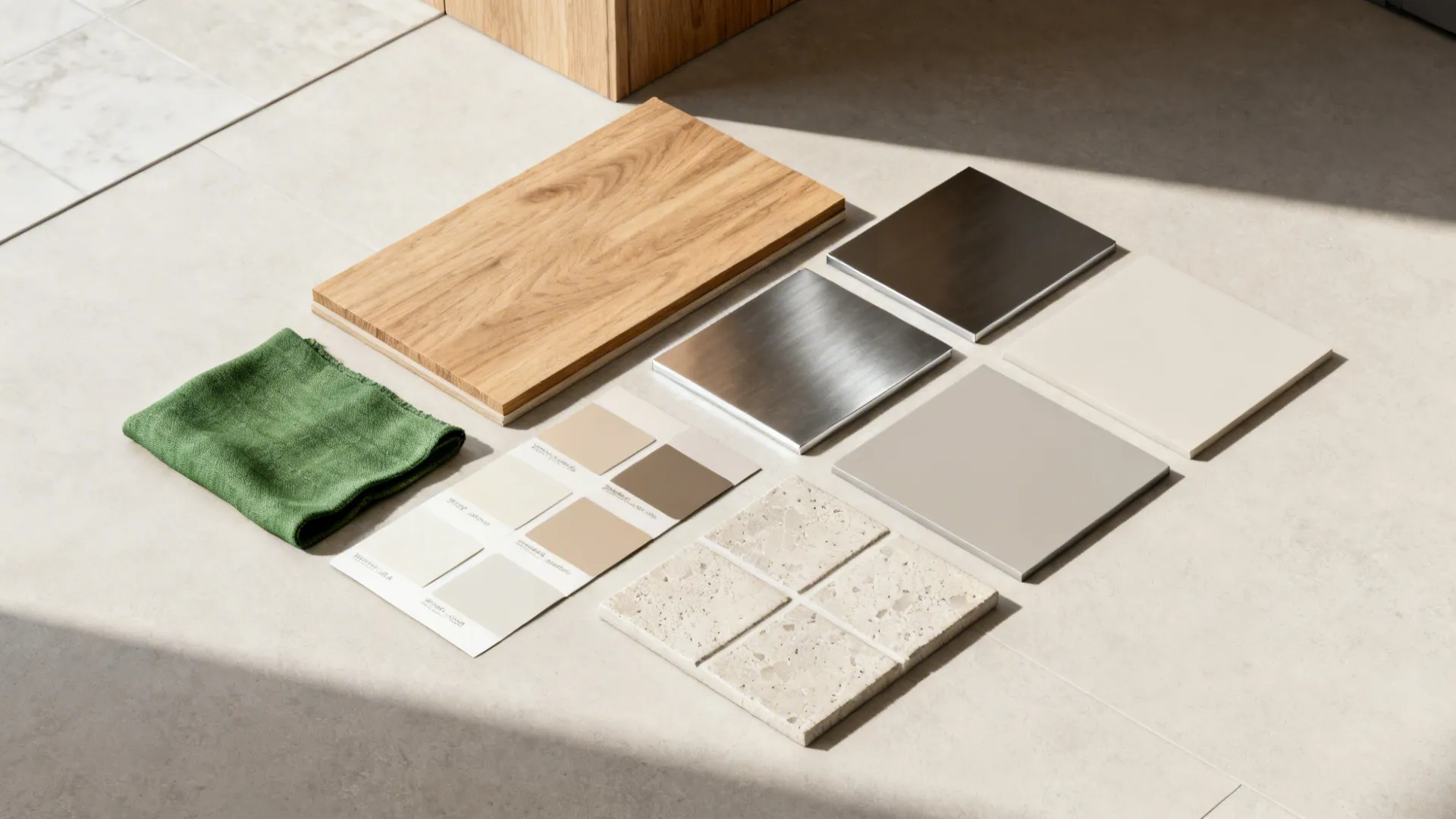 Material flatlay of wood, metal, fabric, and paint chips showing a restrained cohesive palette