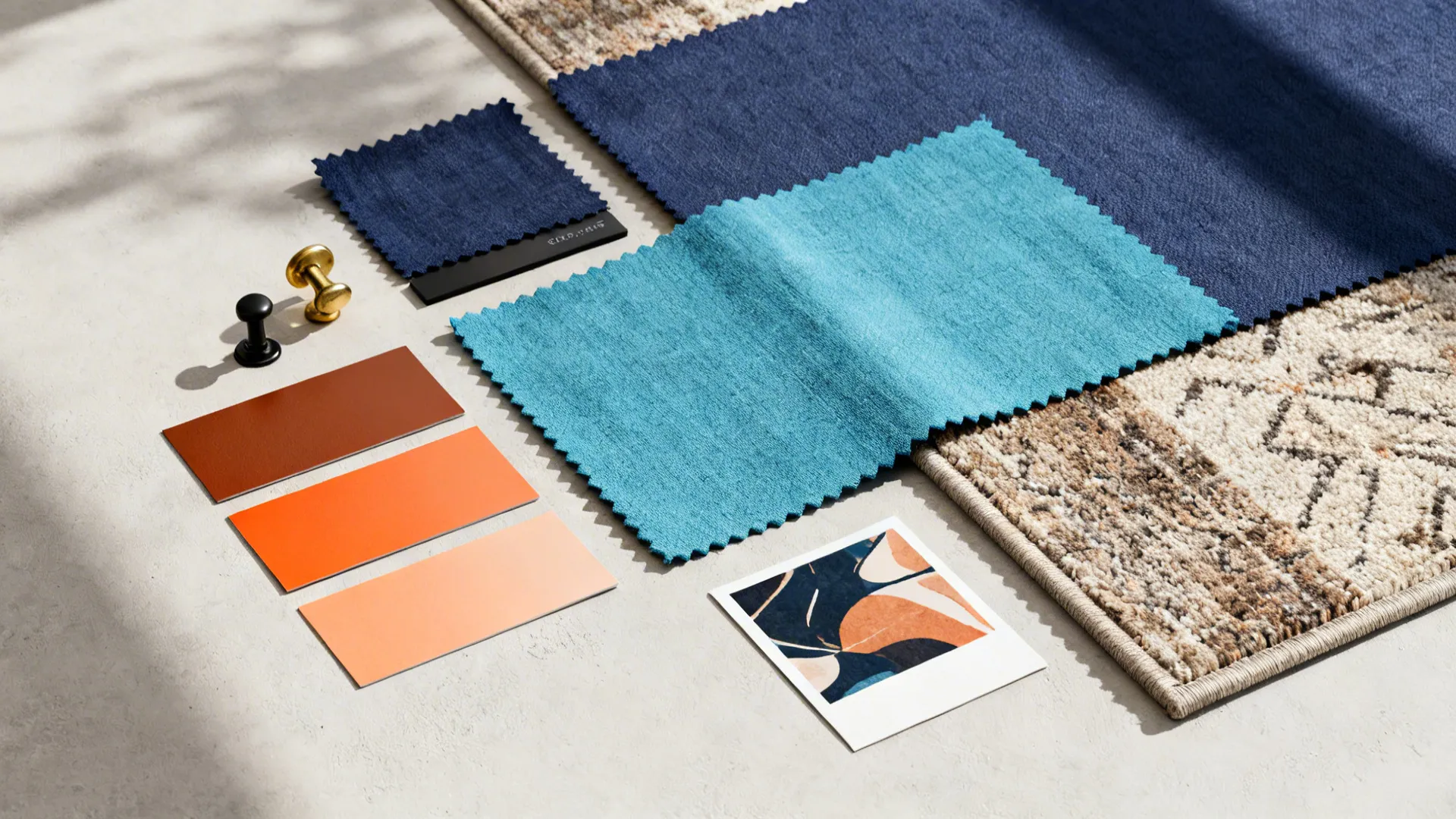 Flatlay of blue and orange fabric swatches, color chips and metal samples for palette testing.