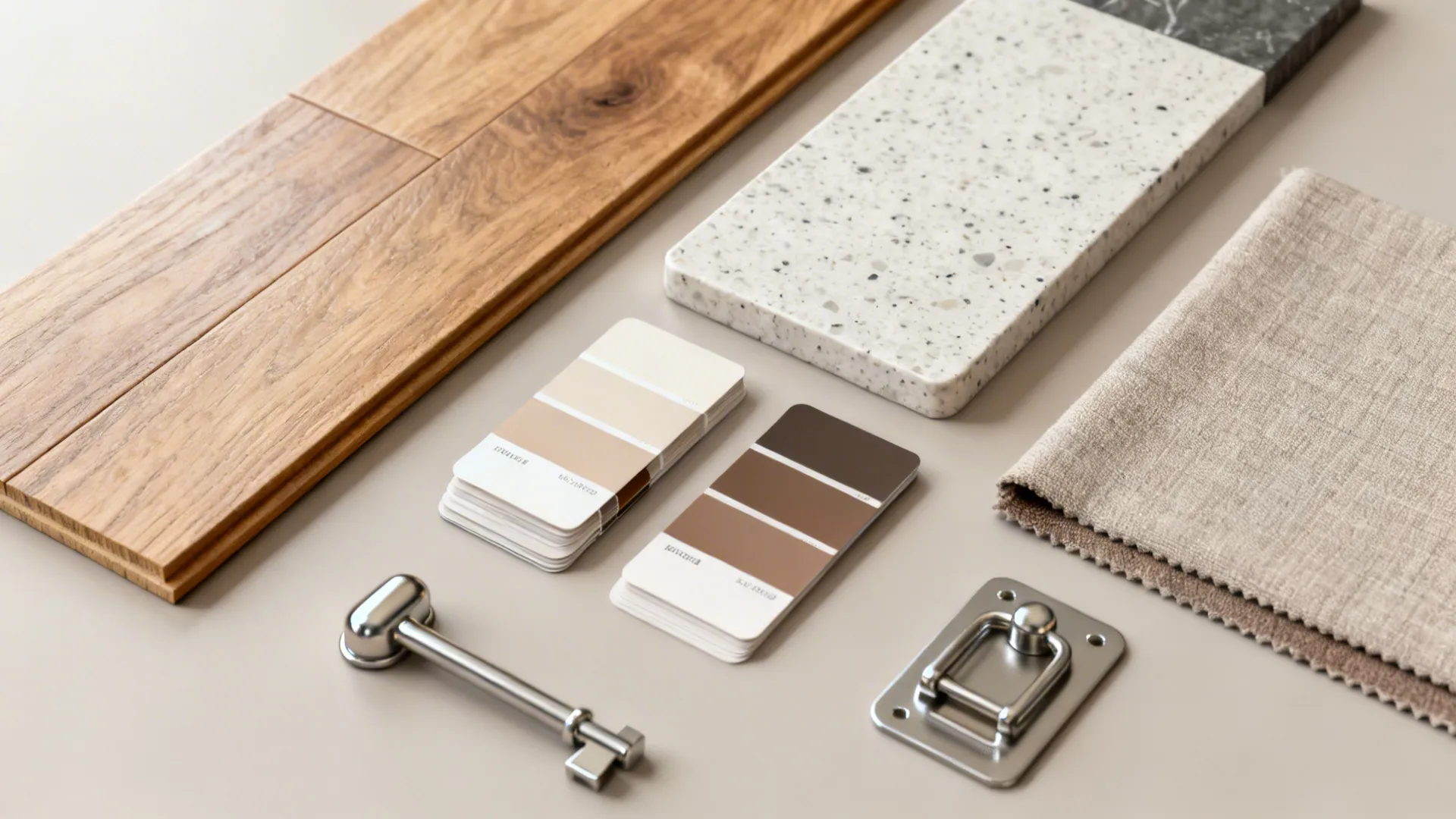 Flatlay of coordinated material samples: wood plank, countertop swatch, paint chips and fabric for a unified small-space design