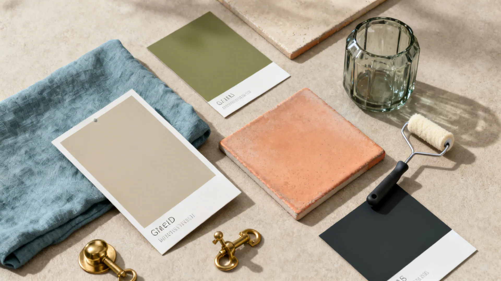 Flatlay of paint chips and material samples for greige, olive, terracotta, dusty blue and charcoal with brass and glass accents.
