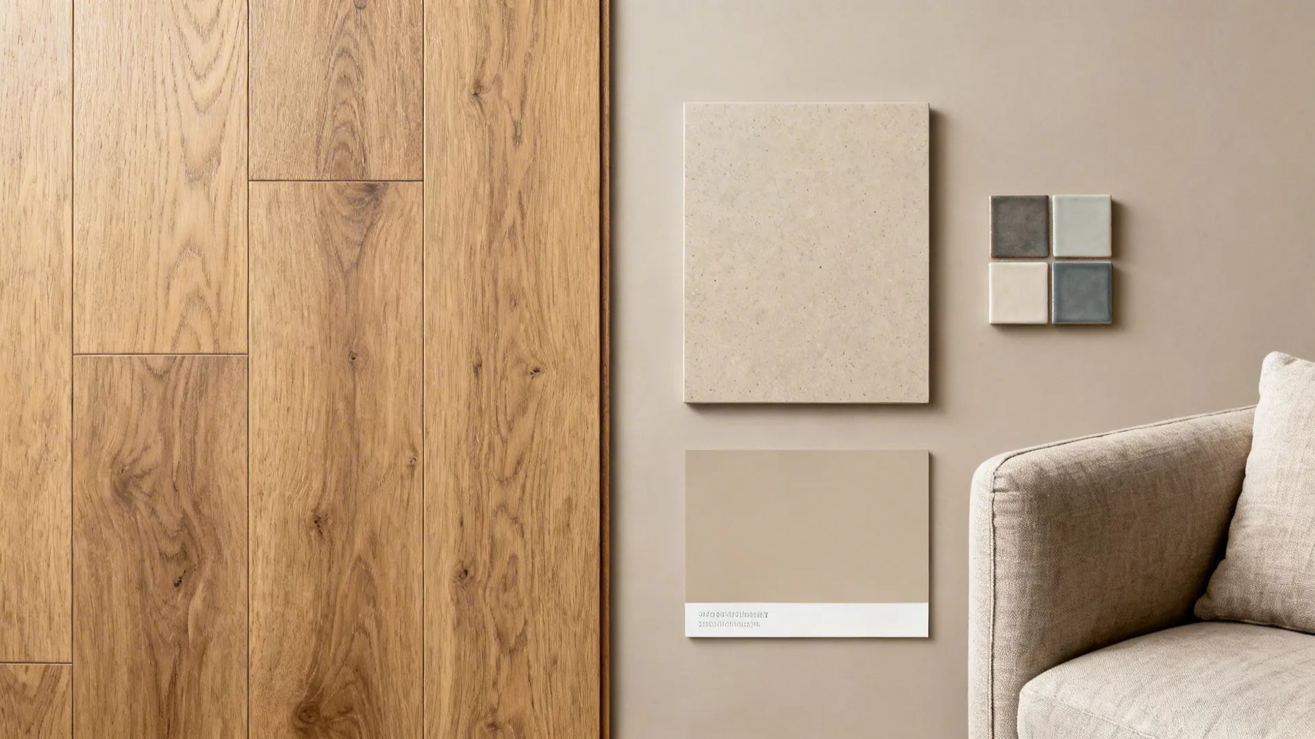 Flatlay of flooring, countertop, and fabric samples showing a cohesive neutral material palette