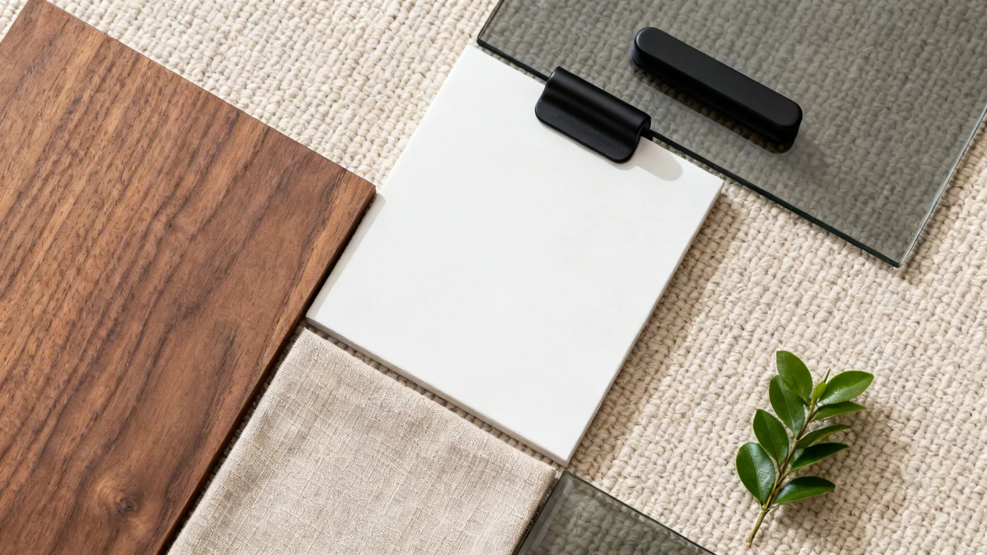 Interior design material samples including wood tile fabric and glass on a textured beige rug surface