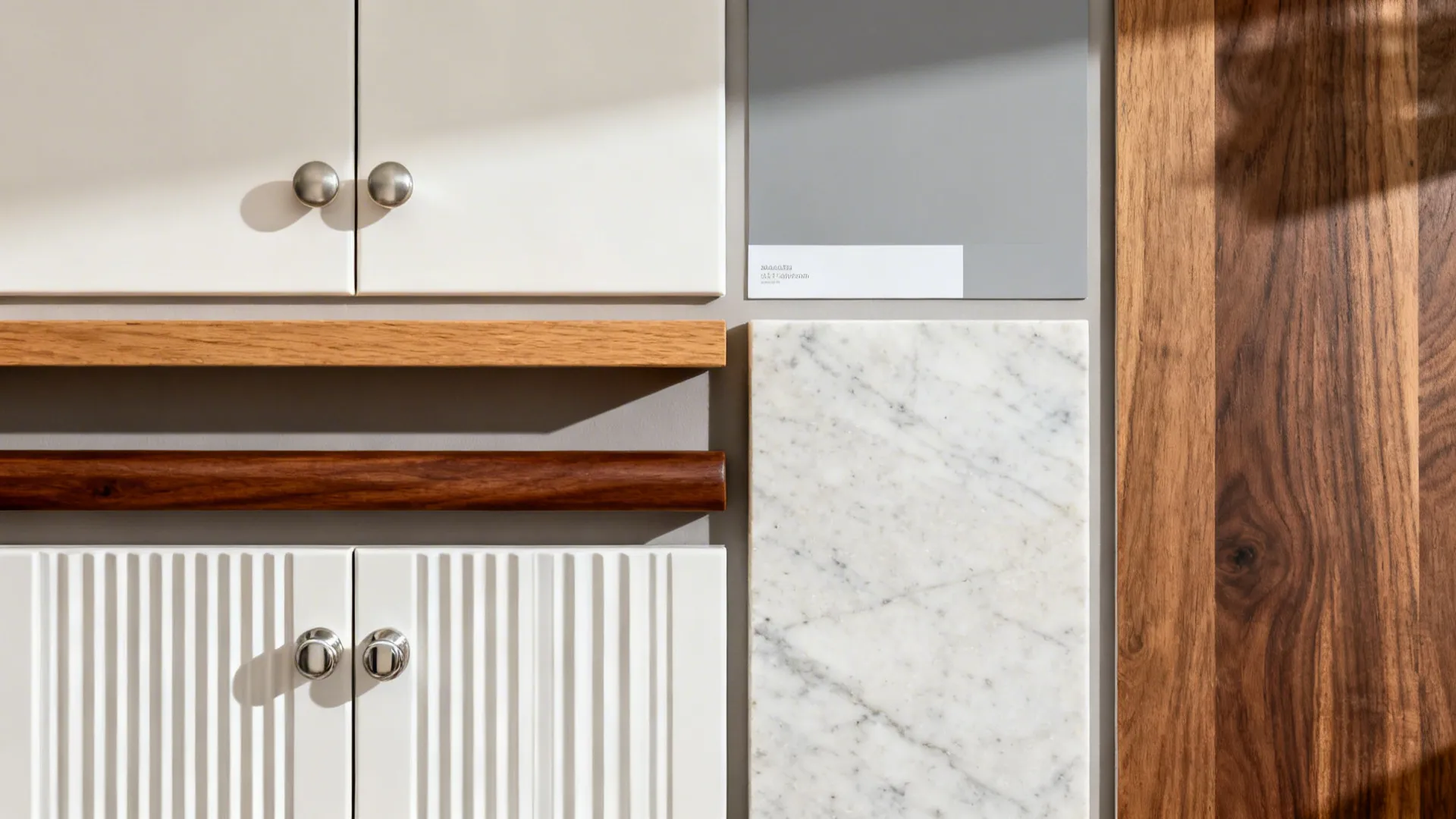 Flatlay of light cabinet finish, soft gray paint, oak and walnut samples, quartz, and hardware.