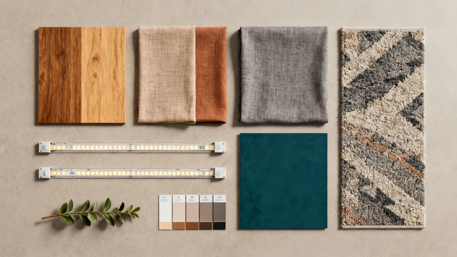 Flatlay of fabric and material swatches for a warm white living room palette