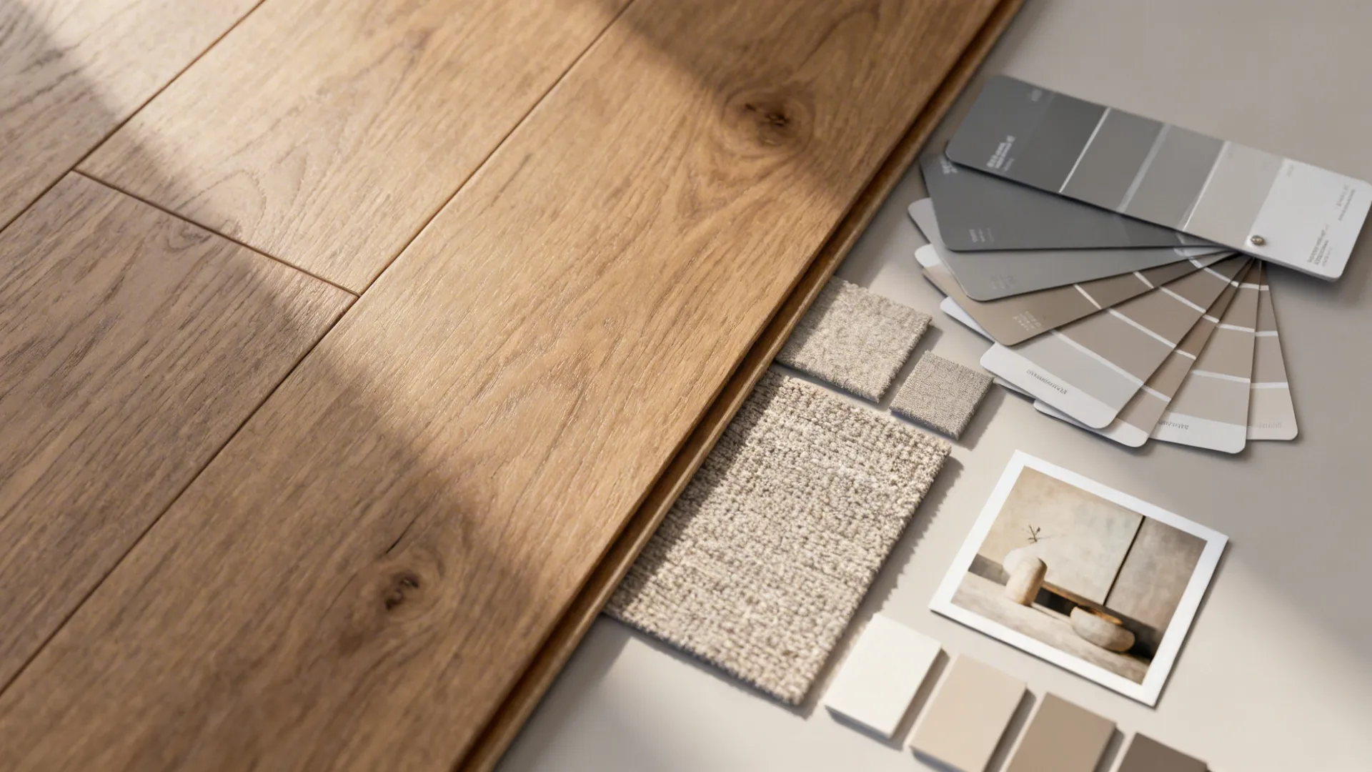 Interior design material palette with wood flooring grey color cards fabric samples and small photo
