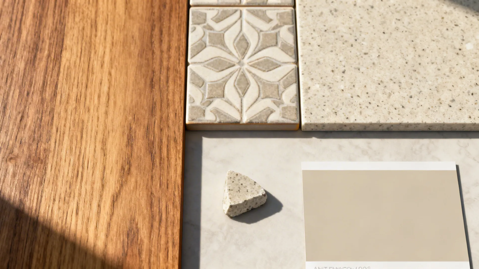 Material flatlay showing two focal materials: warm wood and a single backsplash accent for a cohesive 10x10 kitchen design.
