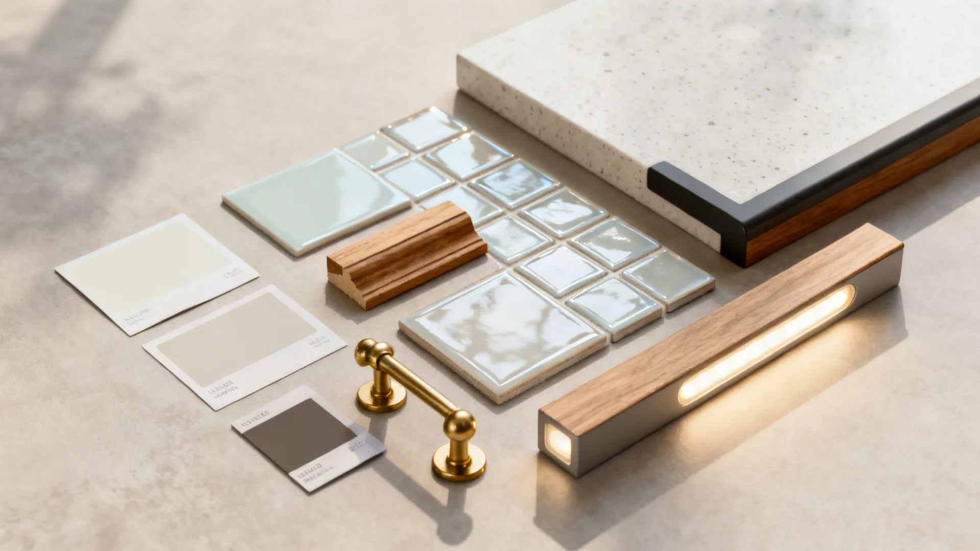 Material flatlay with light paint swatches, glossy tile samples and hardware for a small kitchen