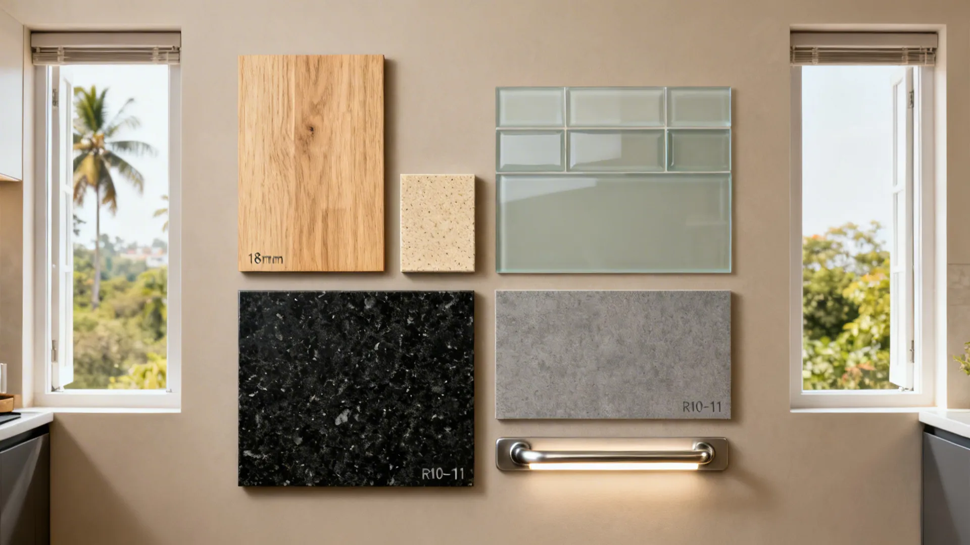 5) Material palette: warm wood, hardy tops, and easy-clean floors