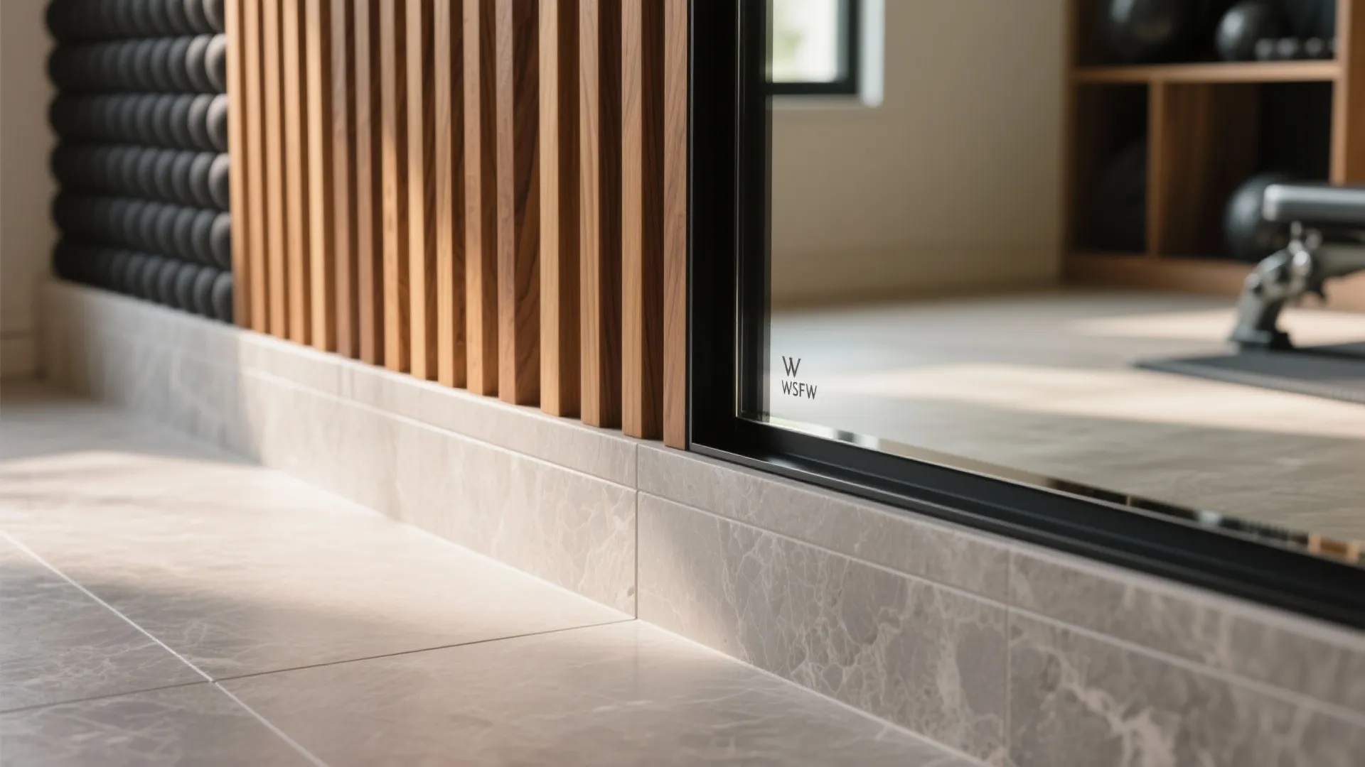 Close up view of wood wall panels meeting grey marble floor tiles and glass door frame