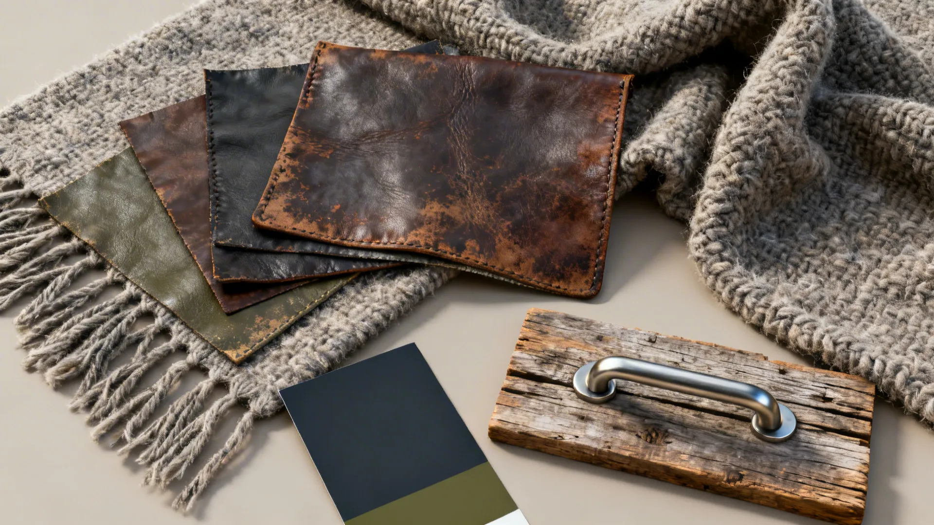 Flatlay of leather, wool, brushed metal and reclaimed wood samples for a masculine bedroom palette.