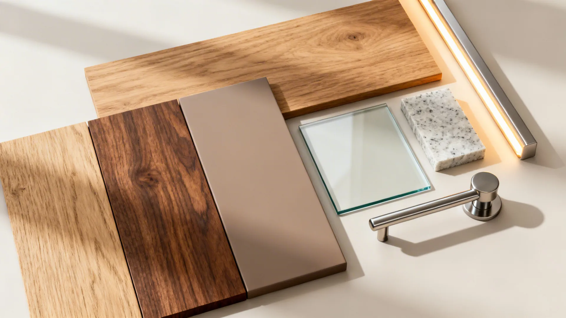 Material flat lay with oak, walnut, matte taupe lacquer, low-iron glass, quartz, and brushed hardware.