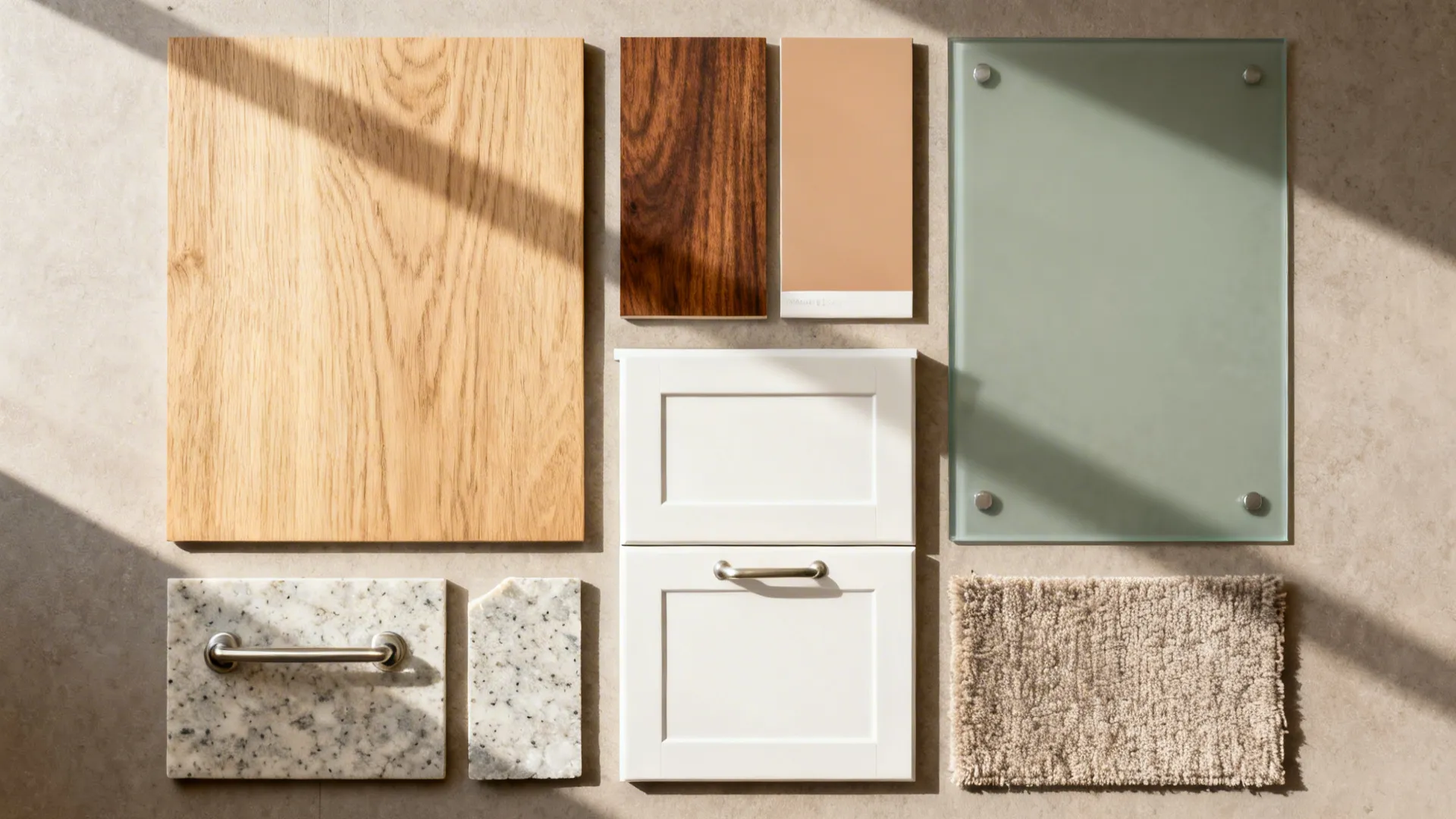 Material palette with wood samples white cabinet door marble stone glass panel and small rug