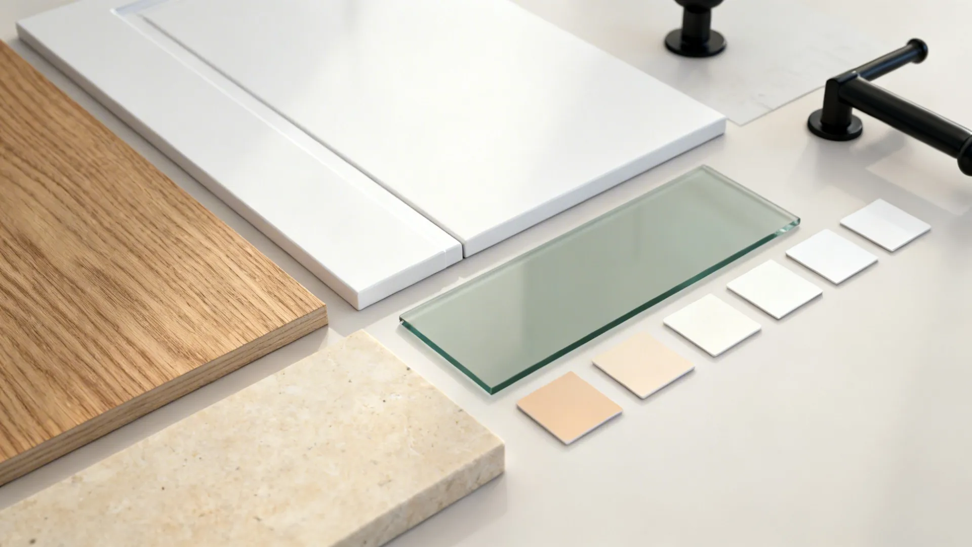 Interior design material board with wood samples white panels glass tile and black cabinet door handles